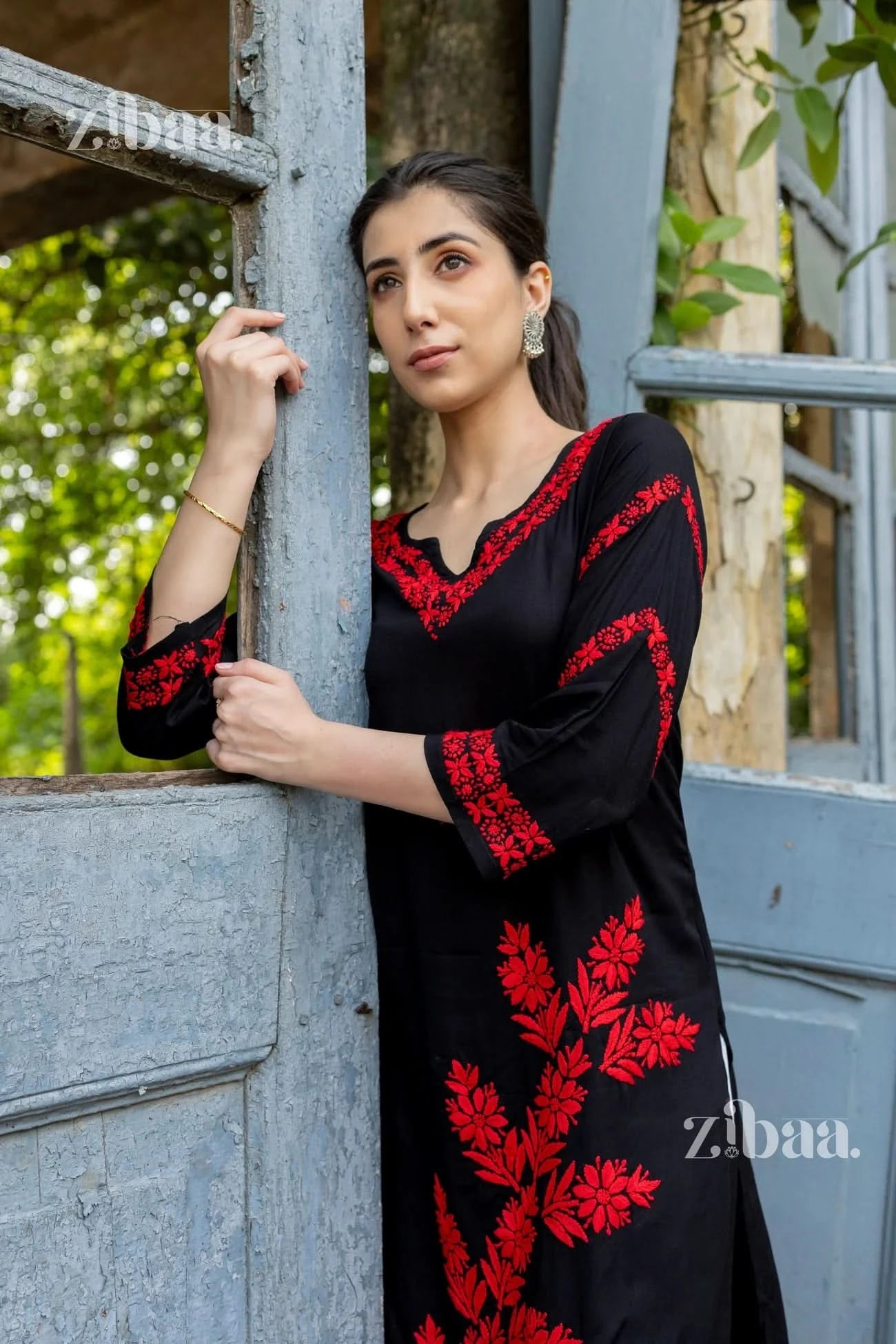 Maaya Modal Red Black Chikankari Kurti