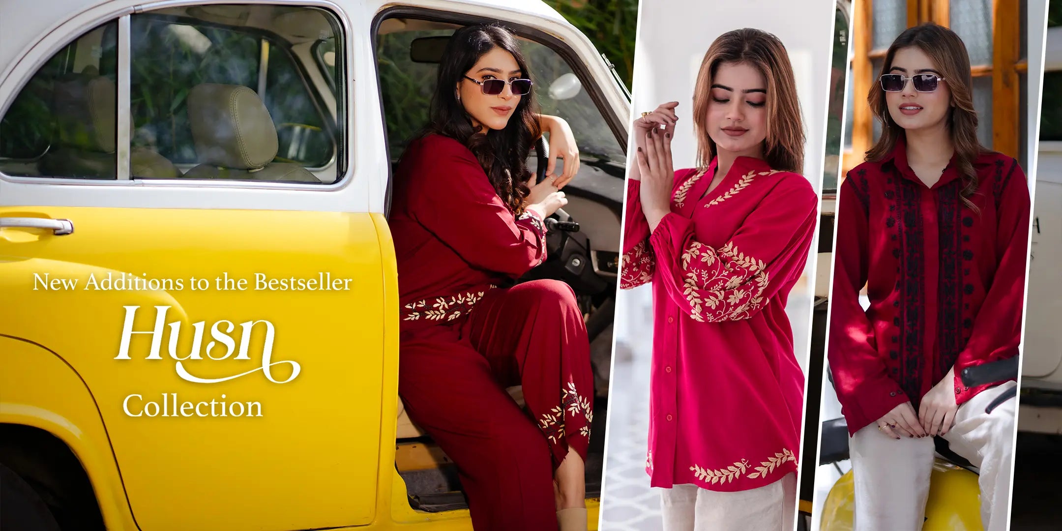 Promotional collage for 'Husn' collection featuring a woman in red outfit with embroidery, yellow car, and close-up shots.
