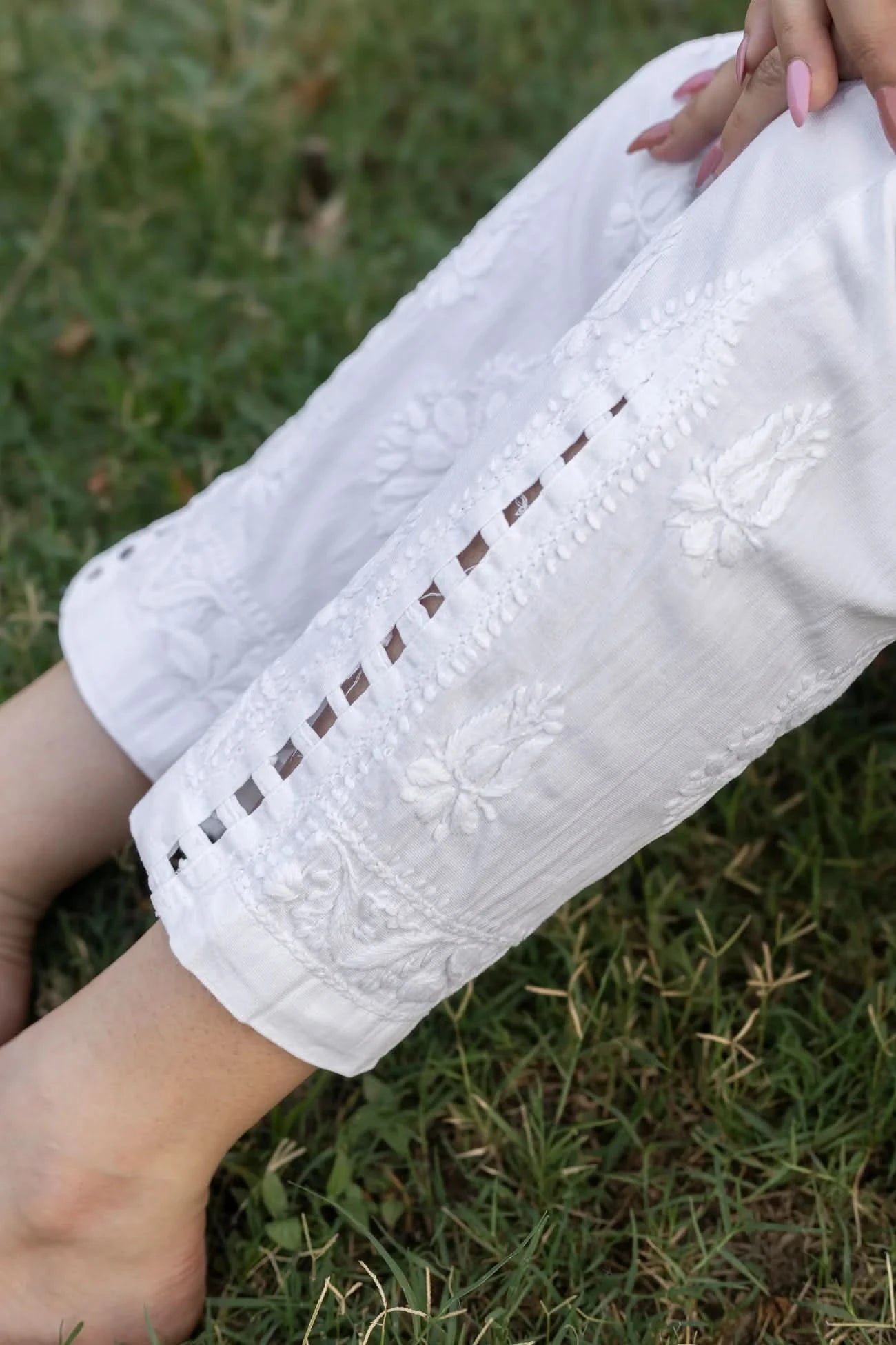 White Cotton Chikankari Lucknawi Pants