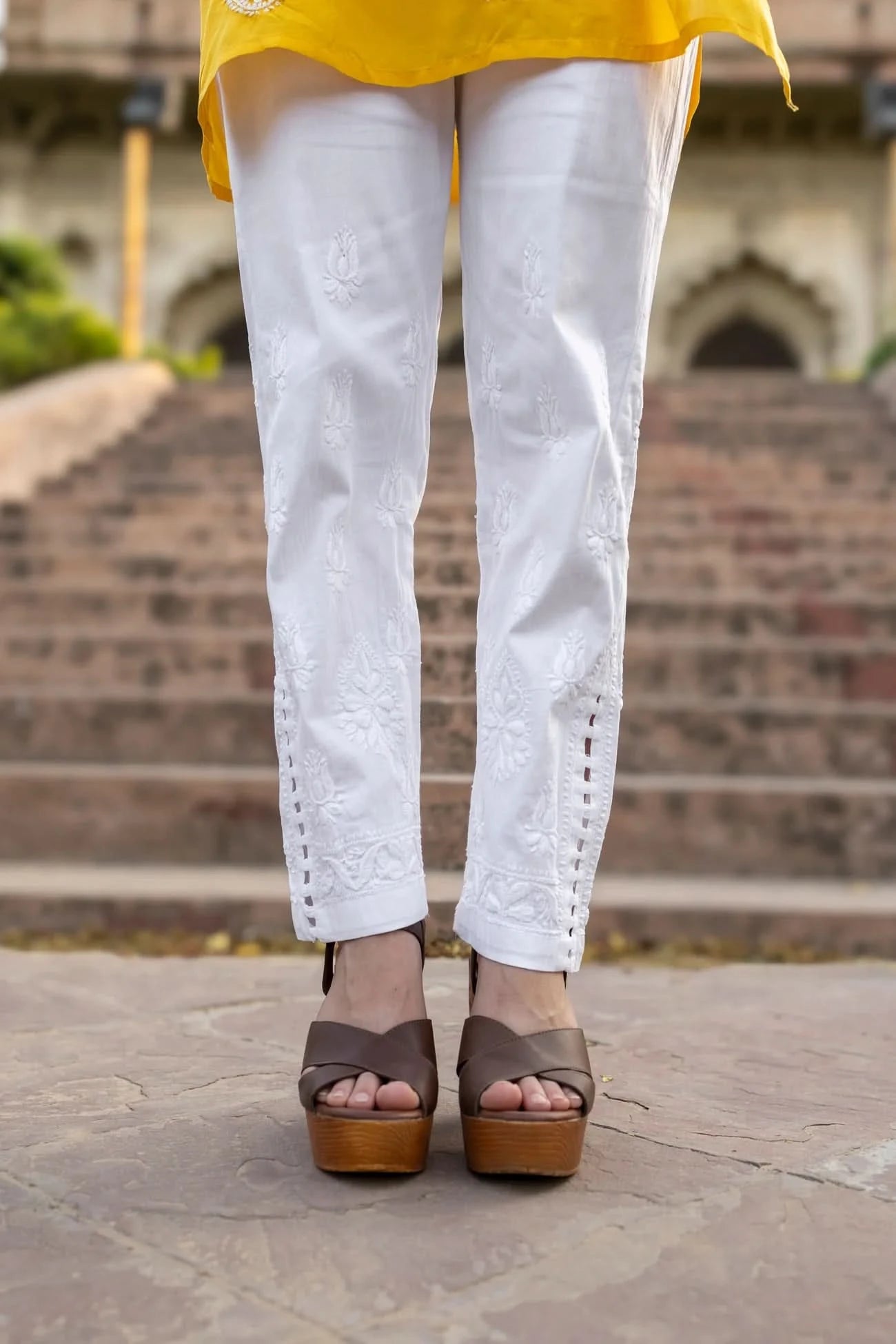 White Cotton Chikankari Lucknawi Pants
