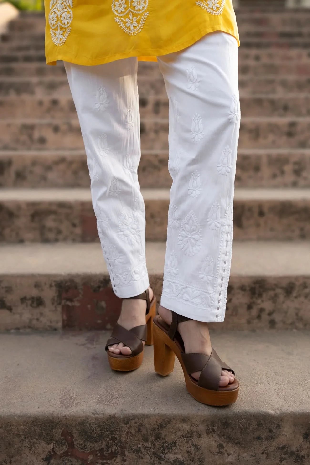 White Cotton Chikankari Lucknawi Pants