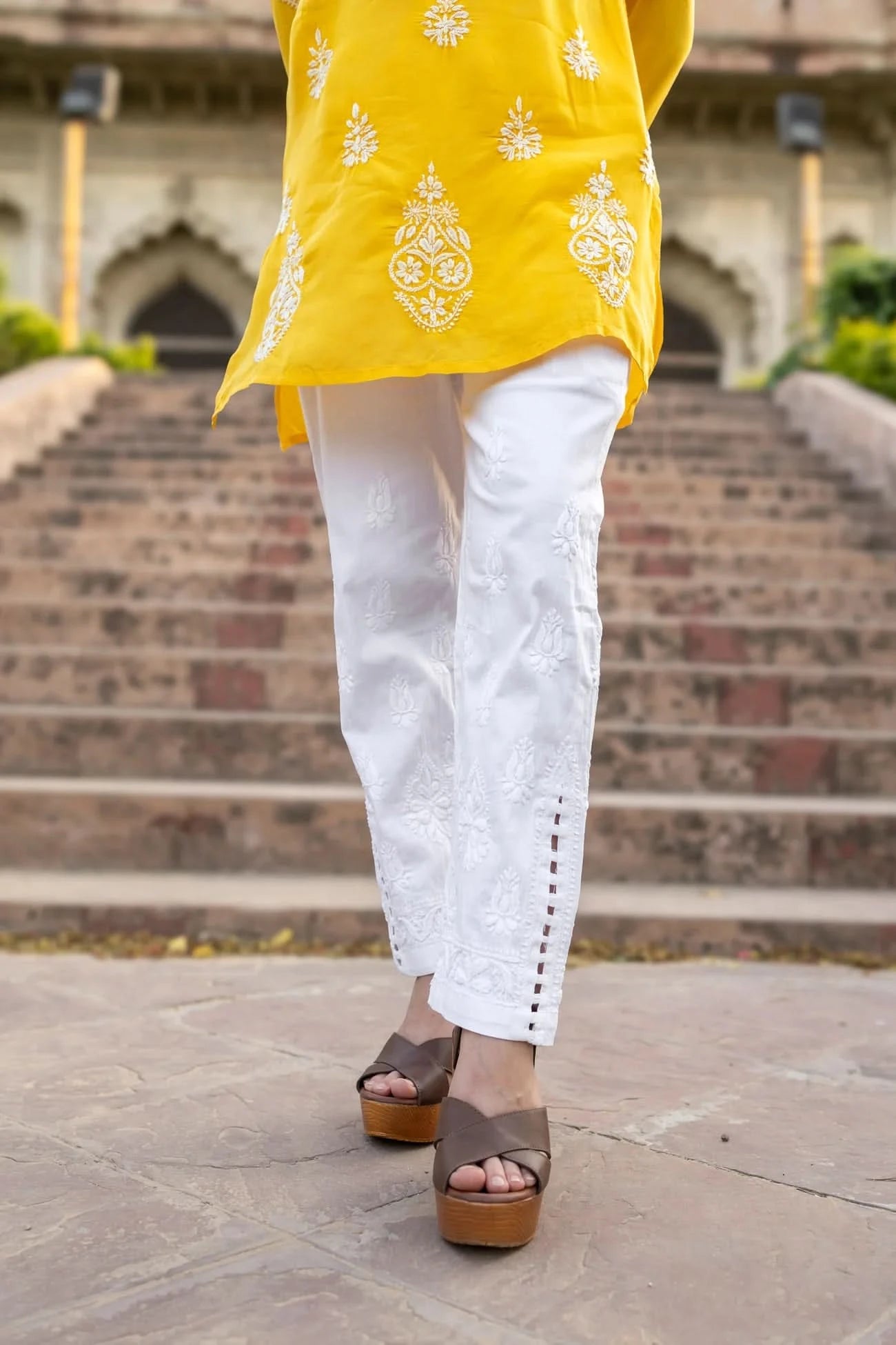 White Cotton Chikankari Lucknawi Pants