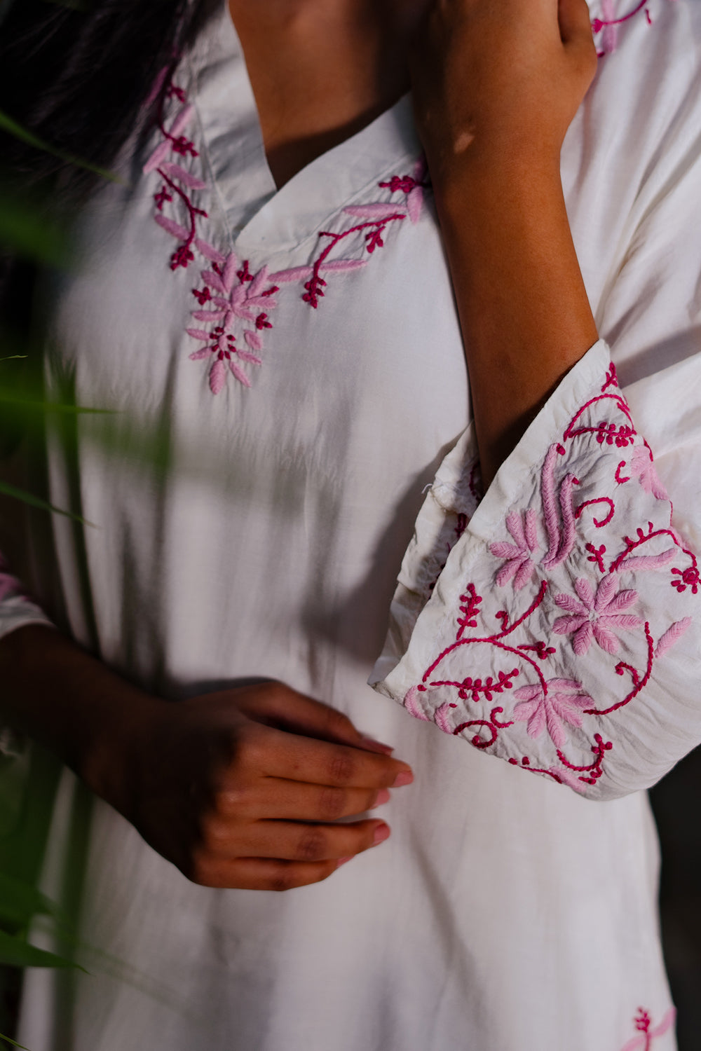 Husn Ivory & Pink Muslin Chikankari Kurta