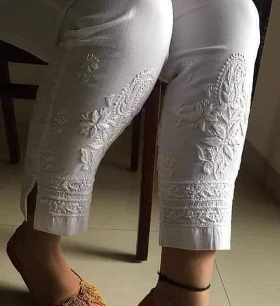 🎁 White Cotton Chikankari Lucknawi Pants - Free size