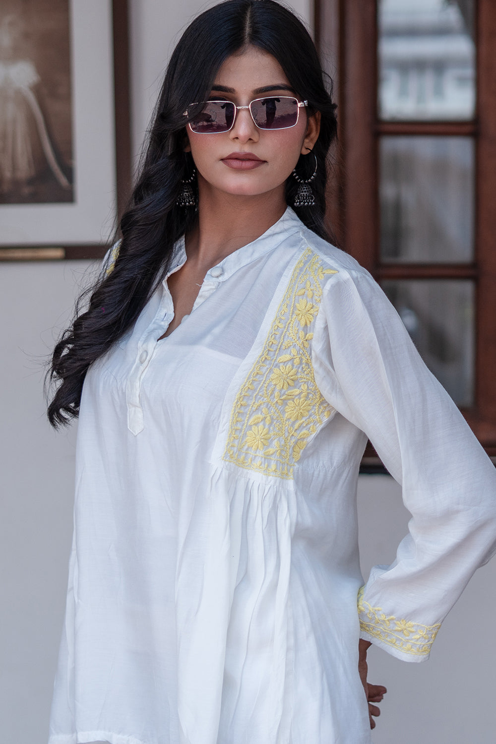 Husn Ivory & Yellow Muslin Short Chikankari Kurti