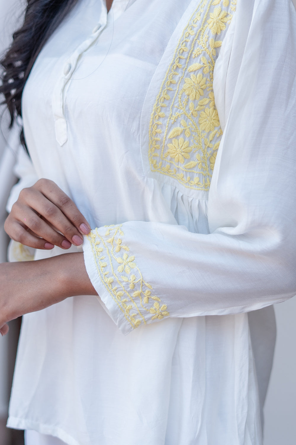 Husn Ivory & Yellow Muslin Short Chikankari Kurti
