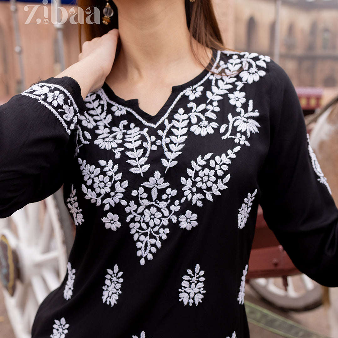 Aiyana Modal Black Short Chikankari Kurti
