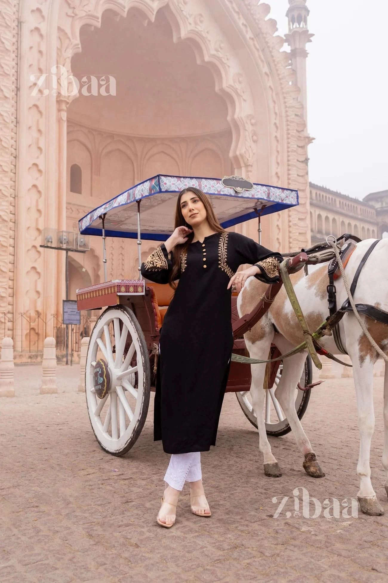 A woman standing beside a horse cart wearing a black chikankari kurta with hand jaal embroidery.