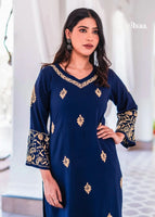 Hoor Blue & Gold Luxury Rayon Chikankari Kurta
