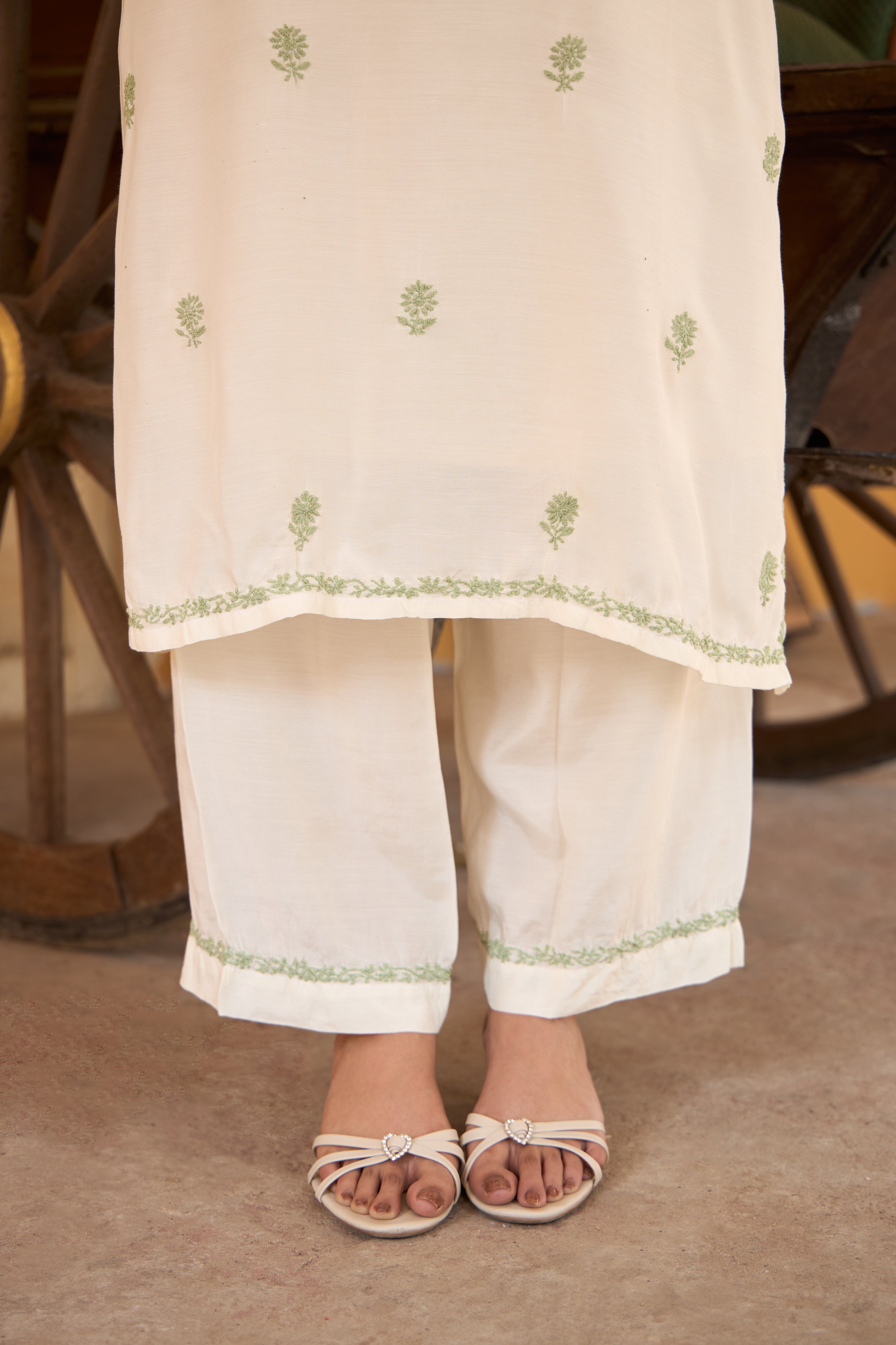 Nazm Muslin Ivory & Sage Green Chikankari Coord Set