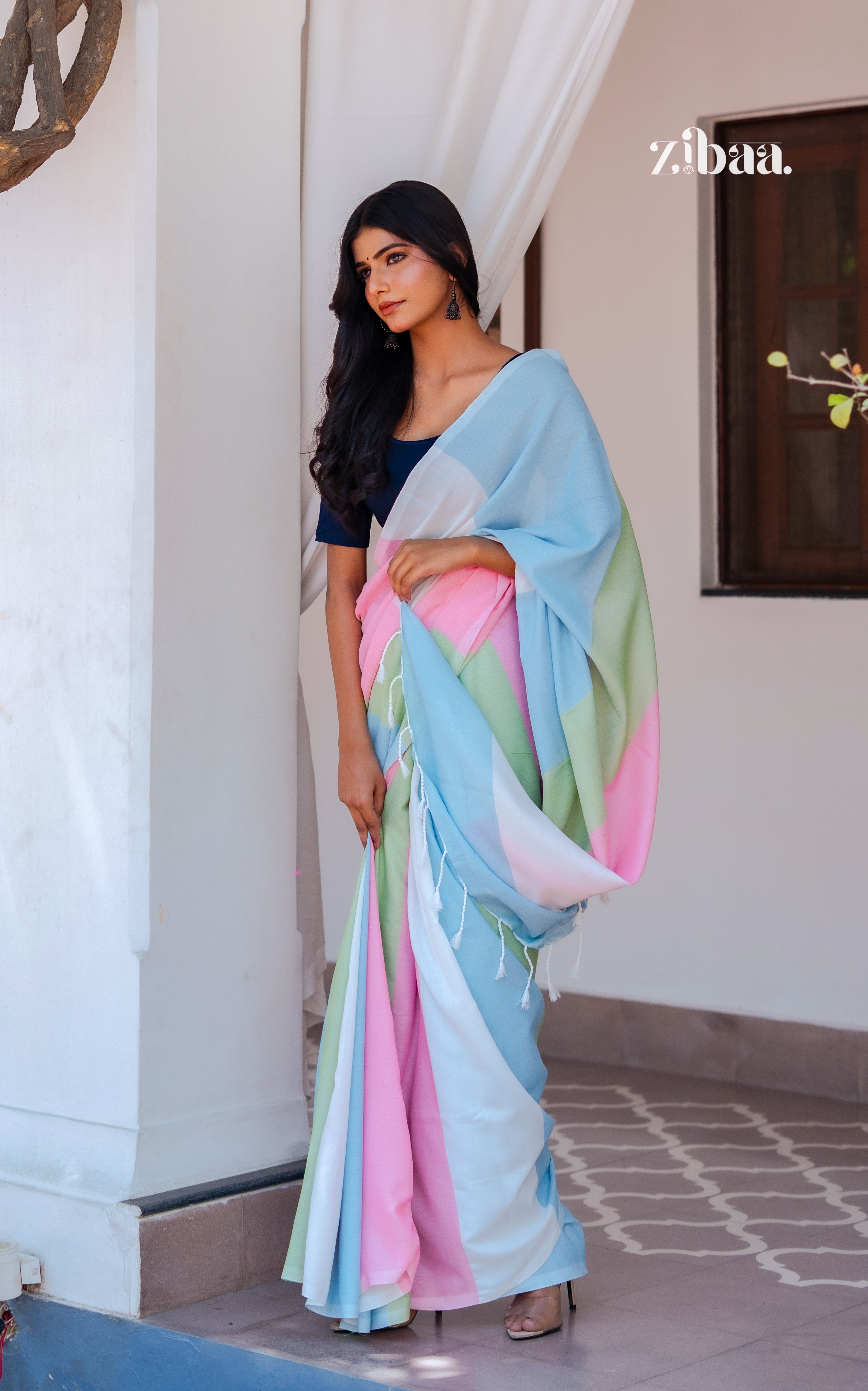 Mira Hand-Dyed Mul Cotton Multi-color Saree with Tassels