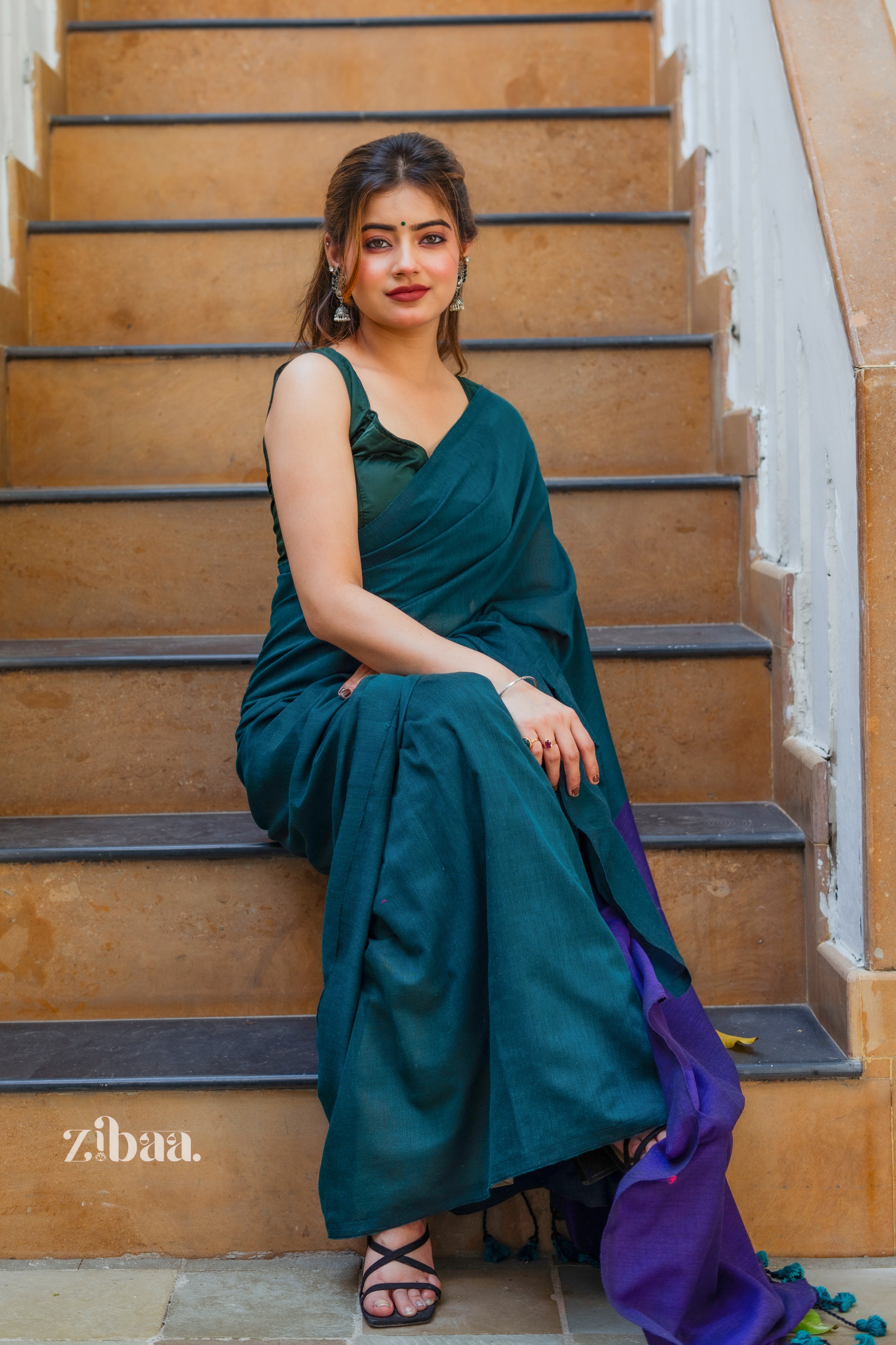 Mira Hand-Dyed Mul Cotton Peacock Green Saree with Tassels