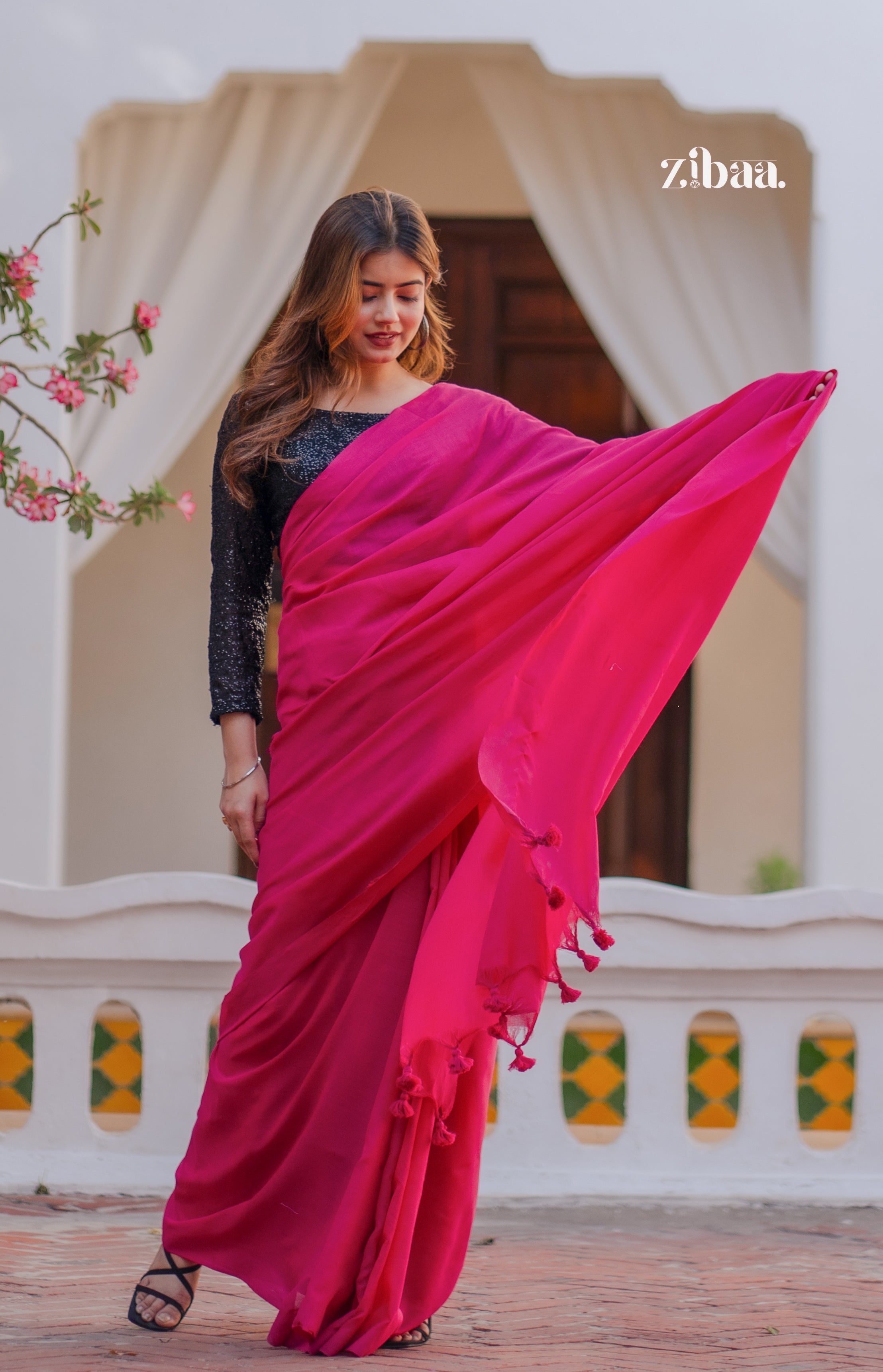 Mira Hand-Dyed Mul Cotton Pink Saree with Tassels