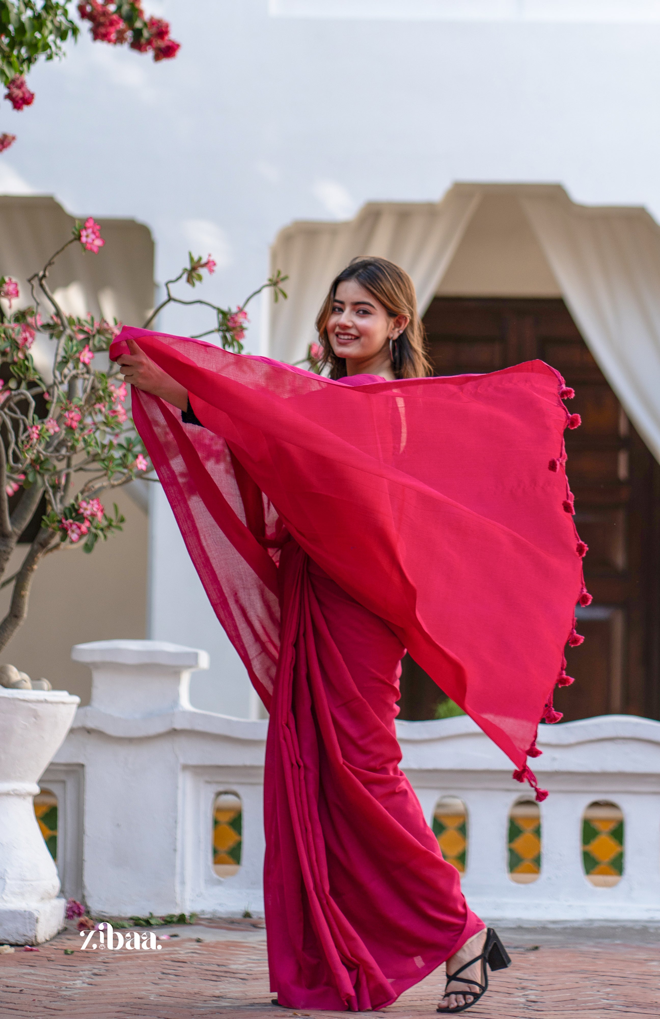 Mira Hand-Dyed Mul Cotton Pink Saree with Tassels