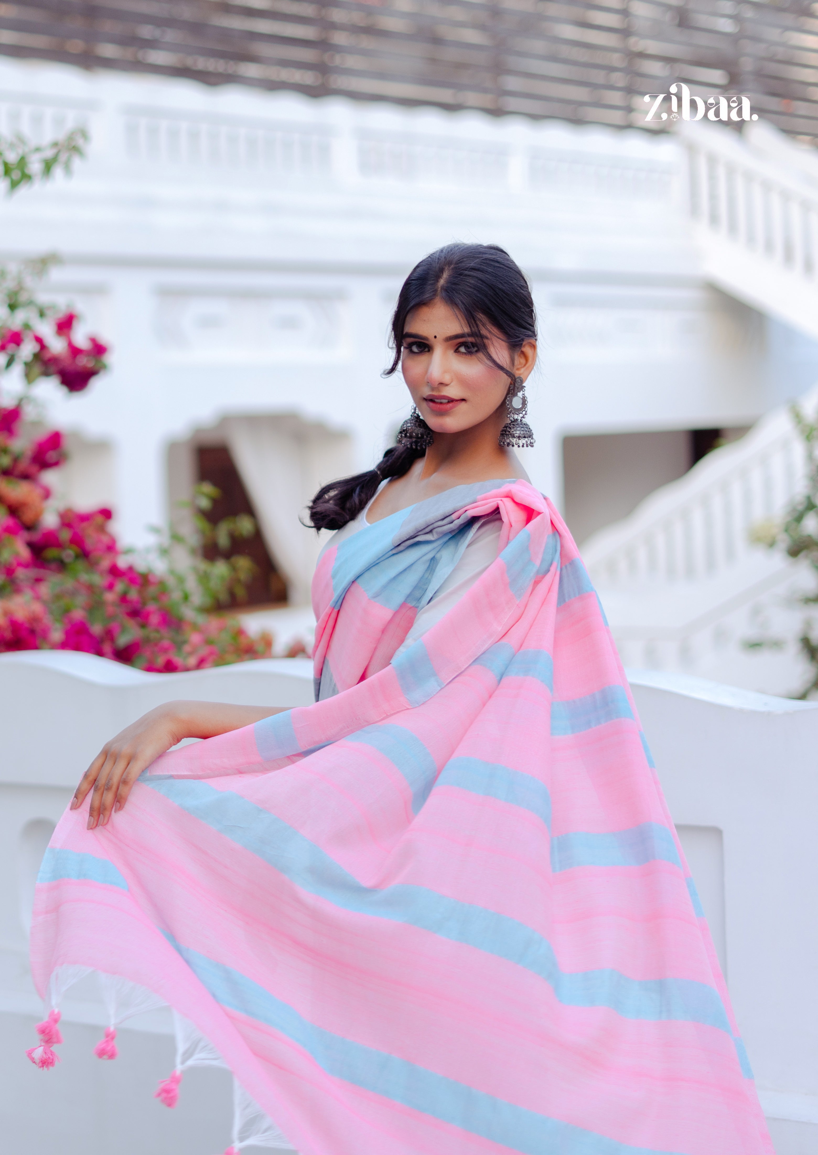 Mira Hand-Dyed Mul Cotton Striped Saree with Tassels