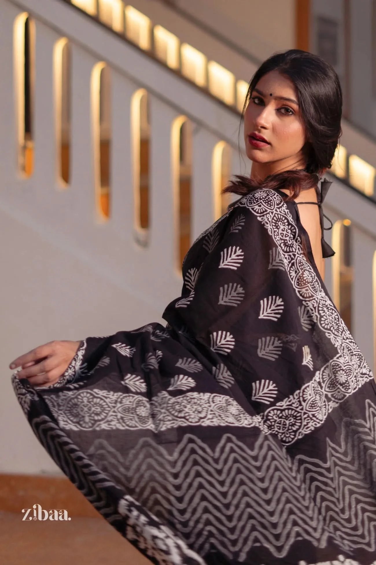 Mira Hand-Blocked Pure Mul Cotton Black Saree