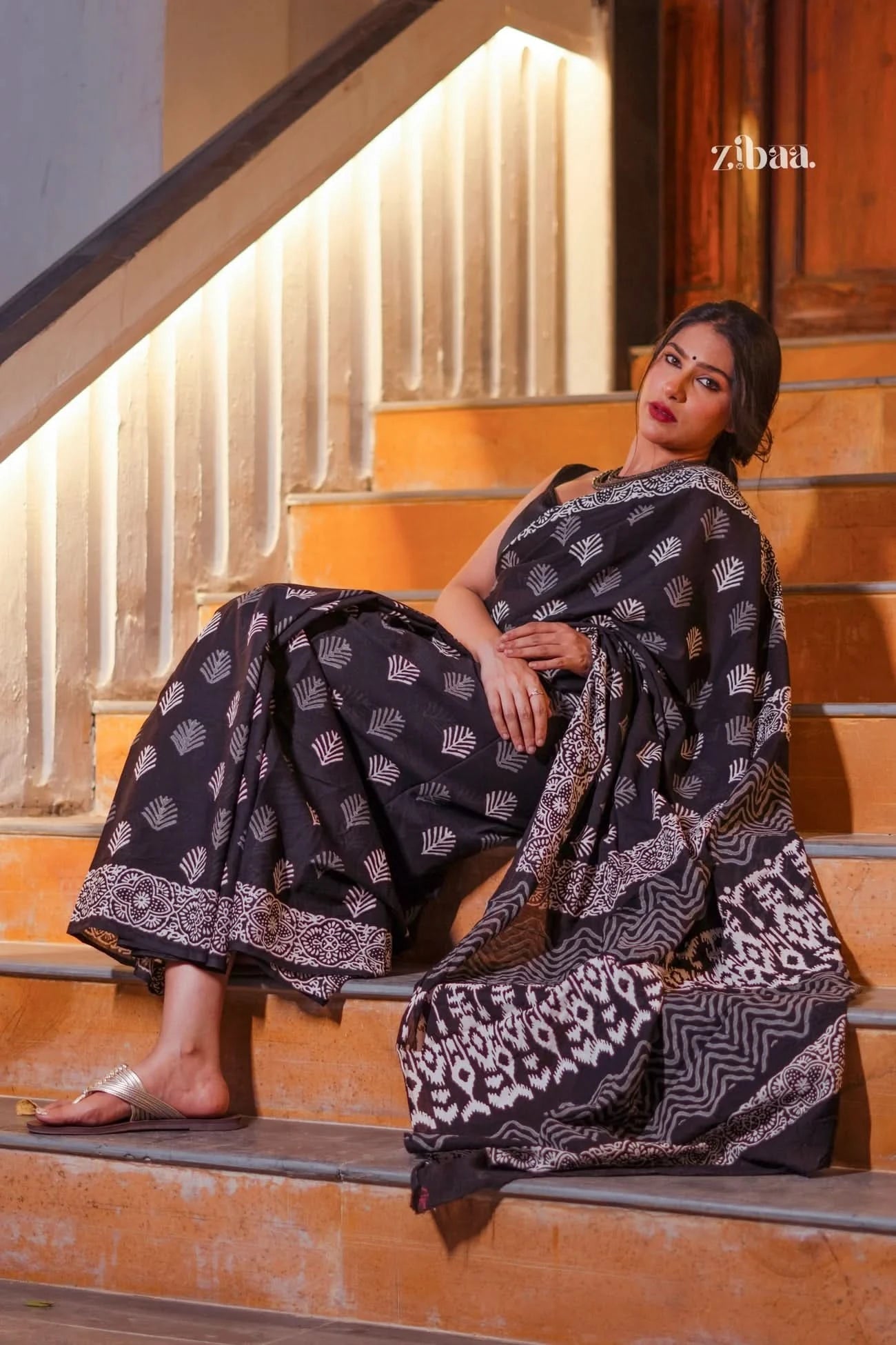 Mira Hand-Blocked Pure Mul Cotton Black Saree