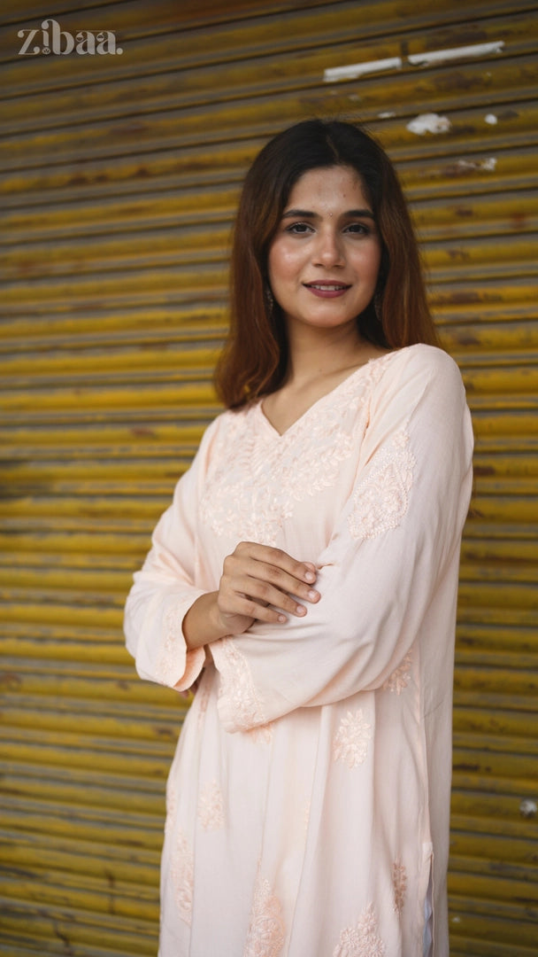 Aiyana Modal Peach Chikankari Kurti