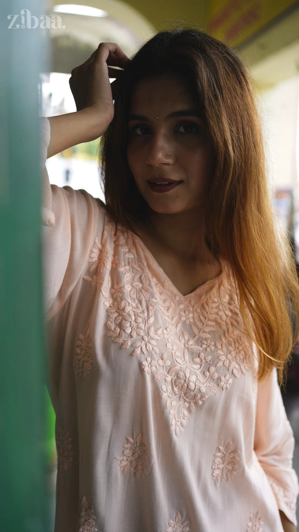 Aiyana Modal Peach Chikankari Kurti
