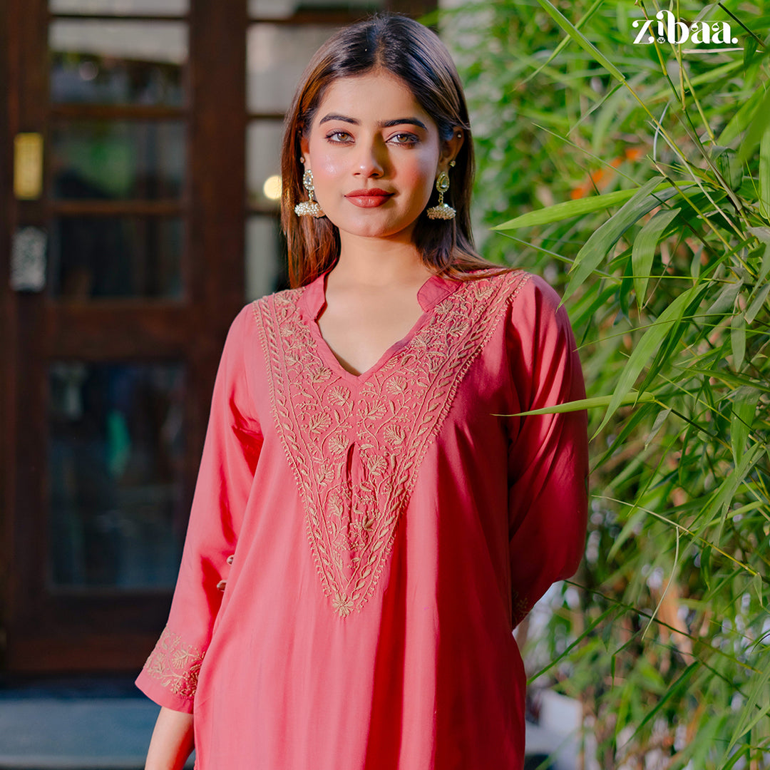 Hoor Coral Modal Chikankari Kurta