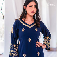 Hoor Blue & Gold Luxury Rayon Chikankari Kurta