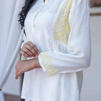 Husn Ivory & Yellow Muslin Short Chikankari Kurti