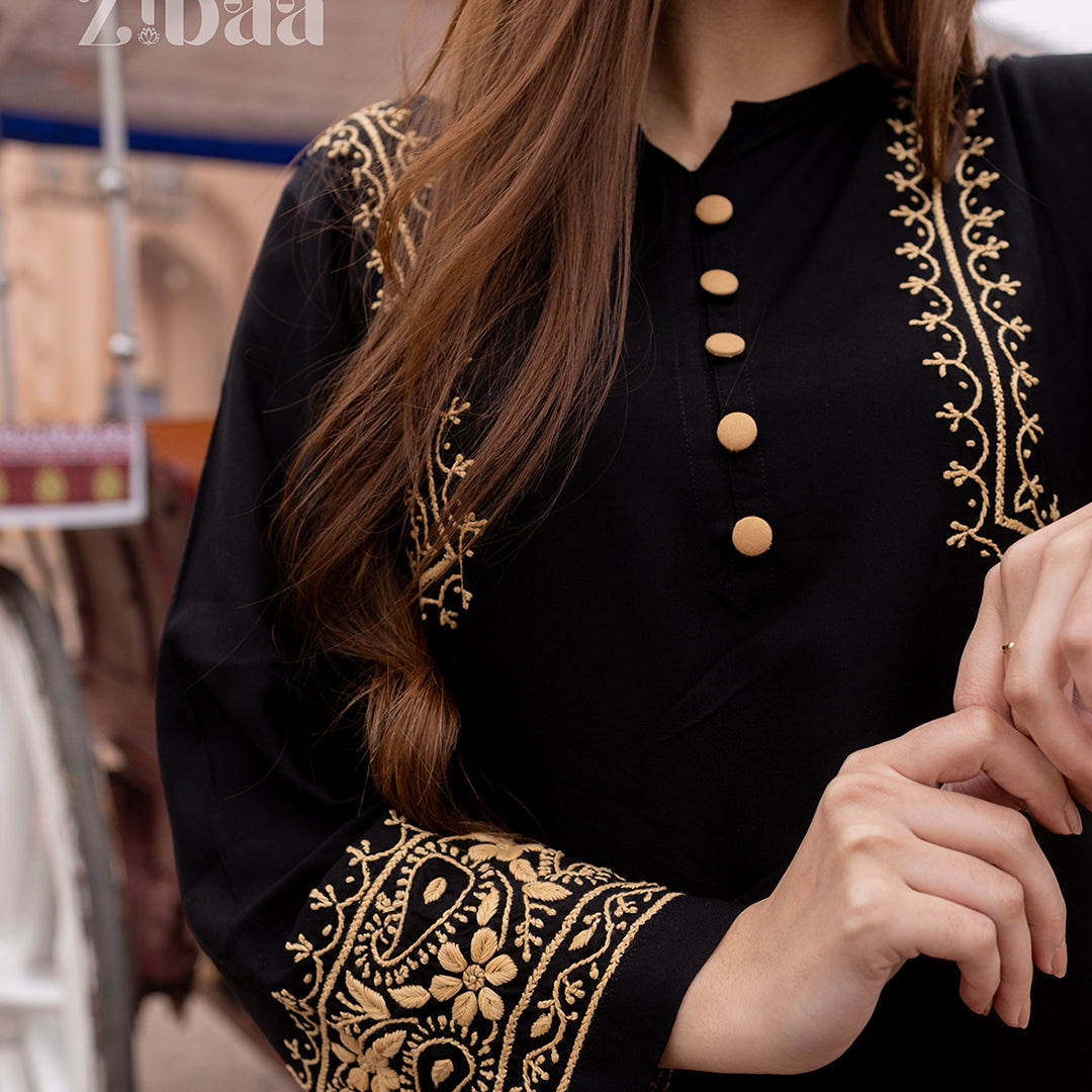 Husn Luxury Rayon Black Chikankari Kurta with Hand Jaal