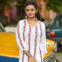 Husn Modal White Chikankari Kurti With Maroon Bel