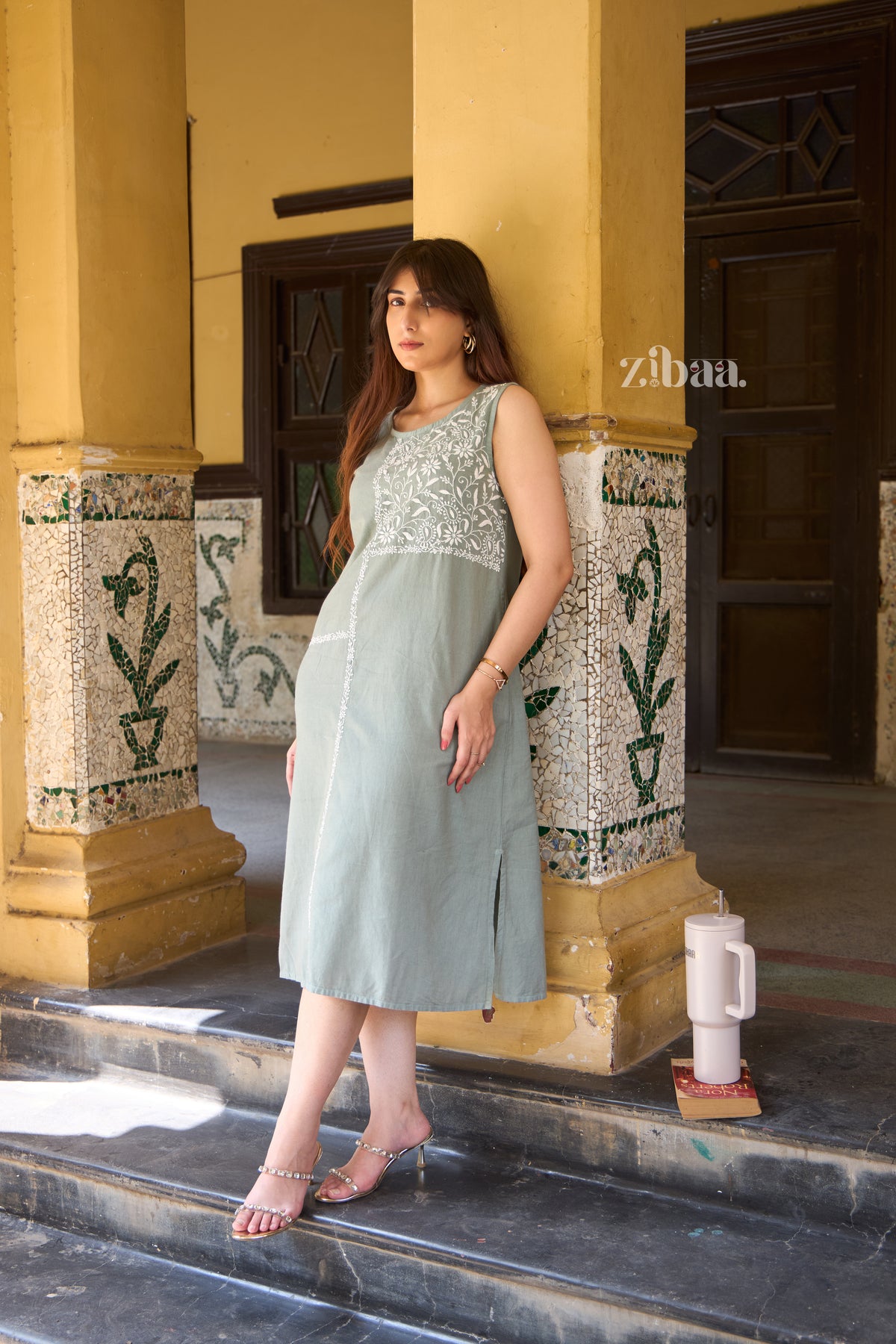 Utsav Linen Dusty Sage Green Chikankari Dress