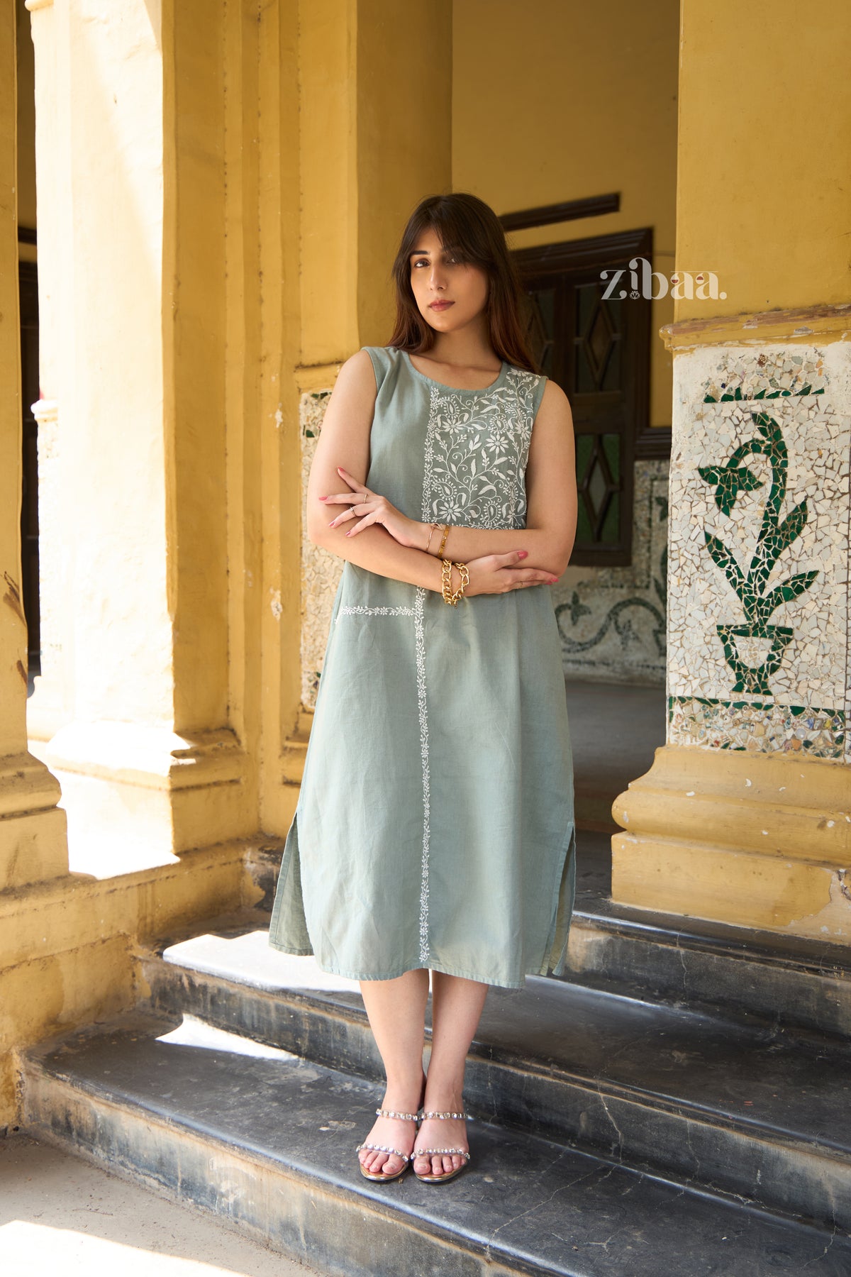 Utsav Linen Dusty Sage Green Chikankari Dress