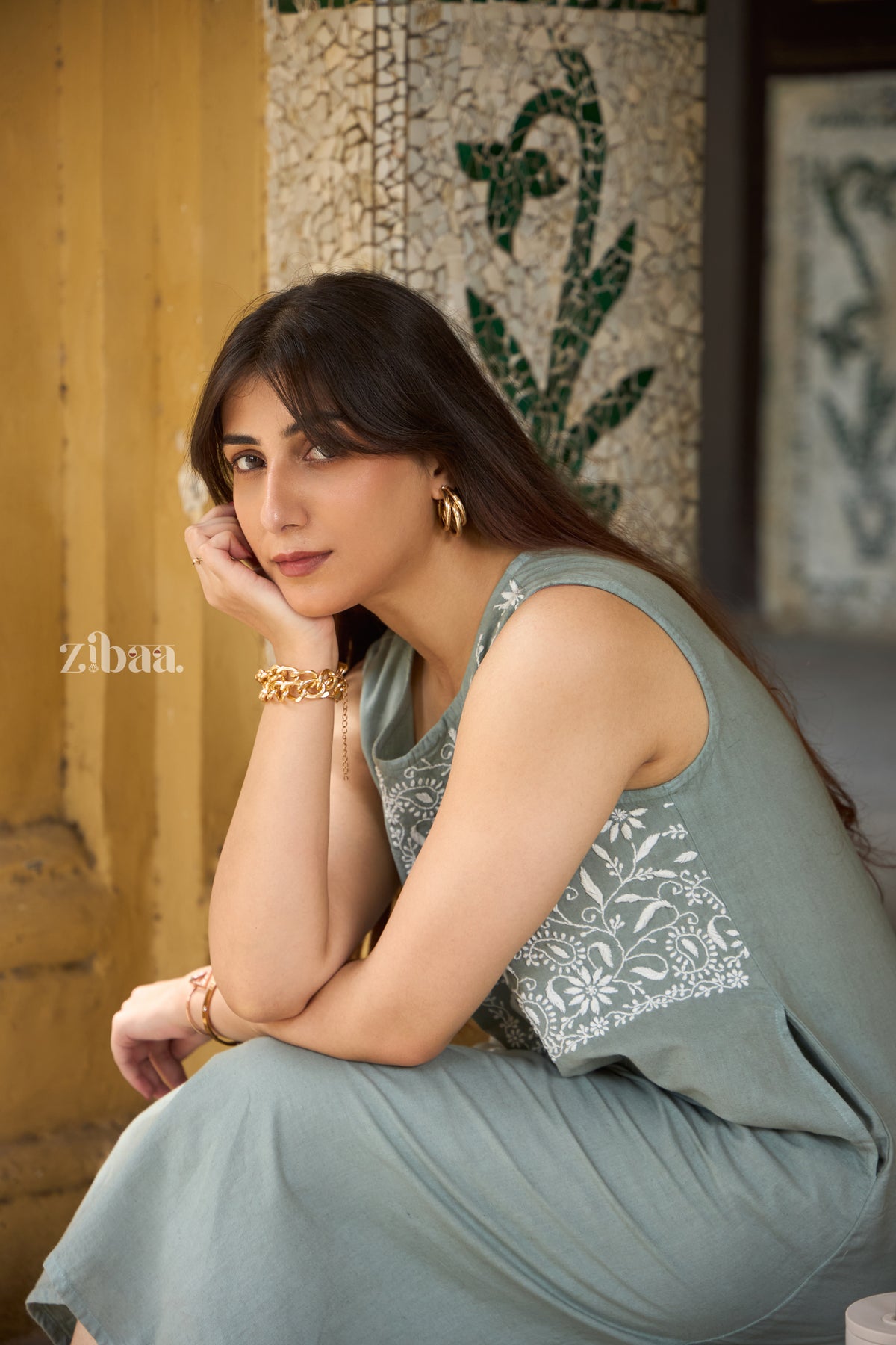 Utsav Linen Dusty Sage Green Chikankari Dress