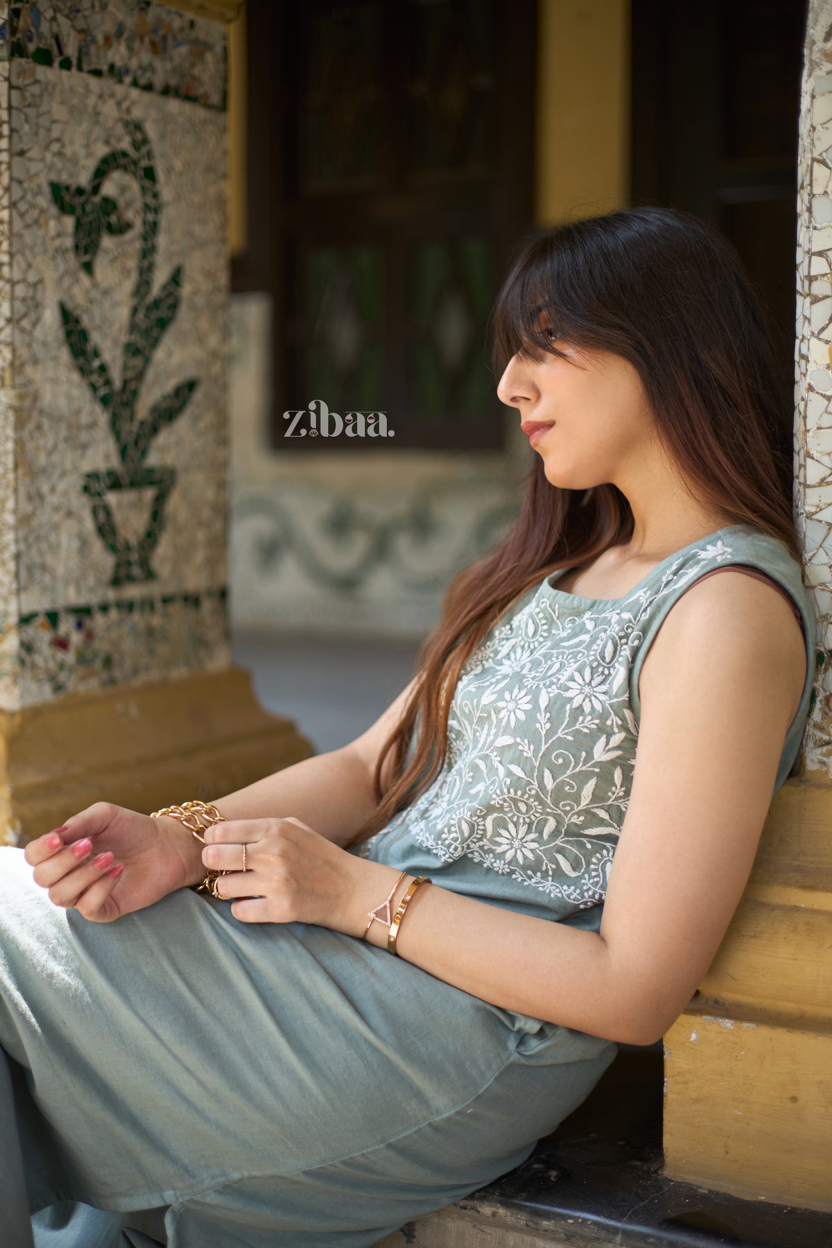 Utsav Linen Dusty Sage Green Chikankari Dress
