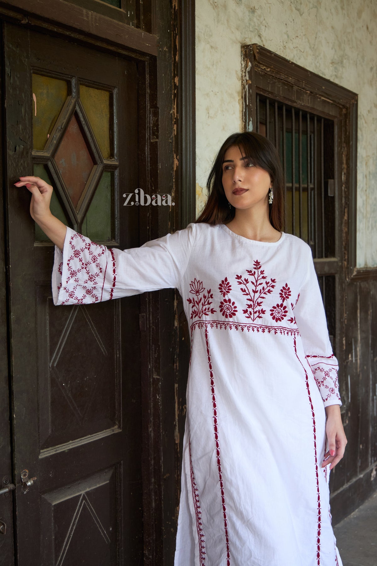 Utsav Linen White & Red Chikankari Kurta
