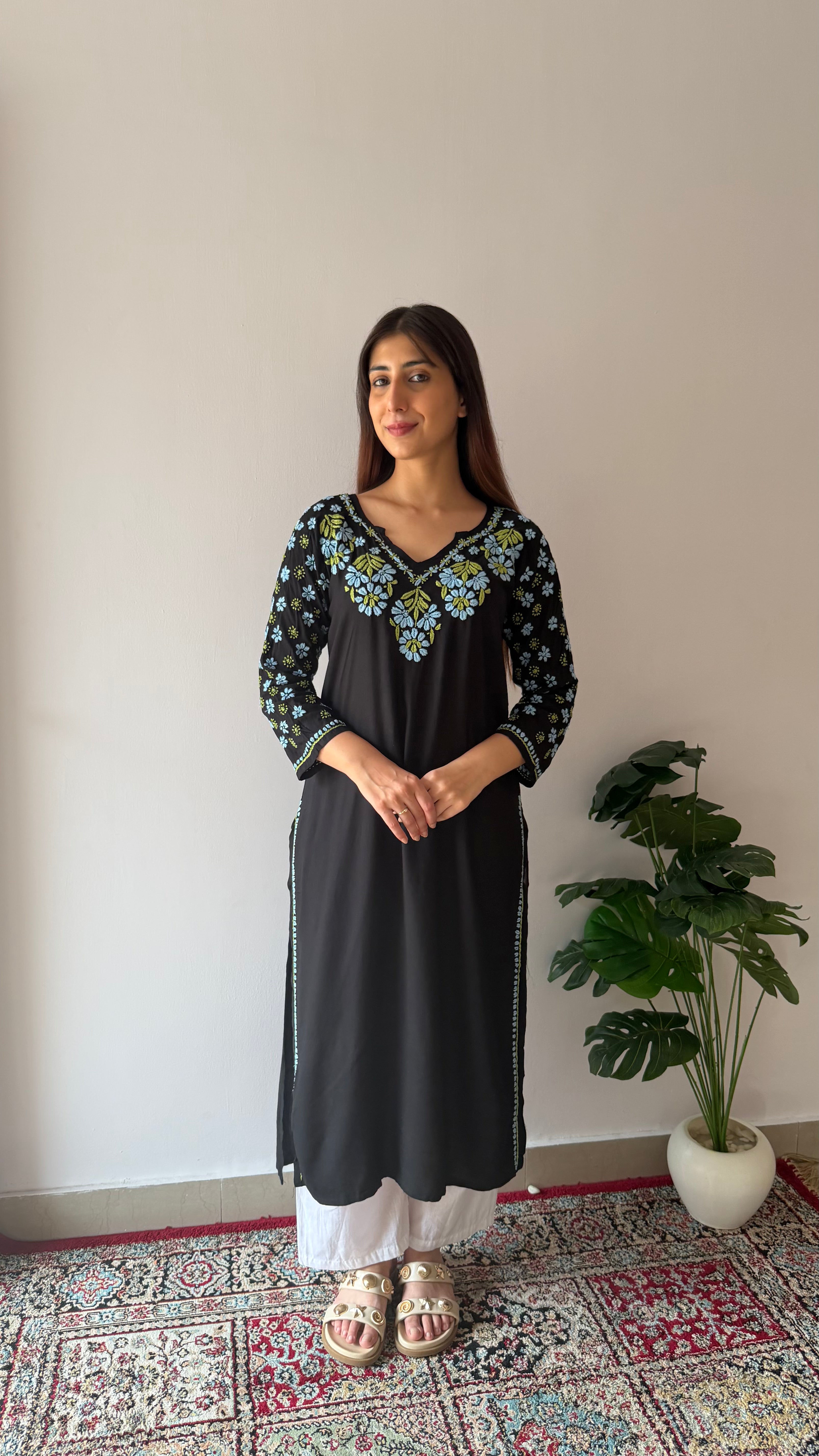 Nazm Rayon Black Chikankari Kurta with Jaal work
