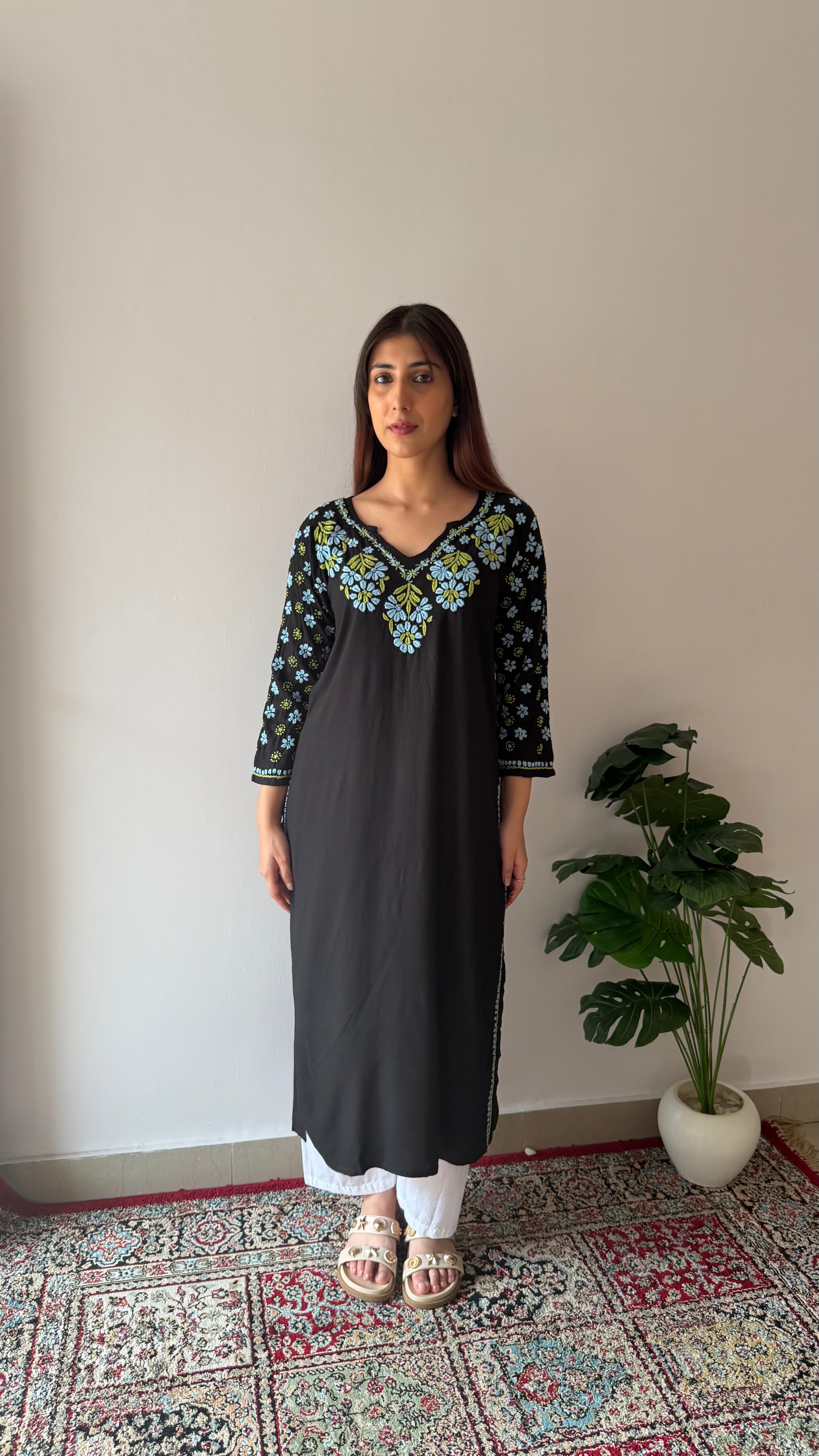 Nazm Rayon Black Chikankari Kurta with Jaal work