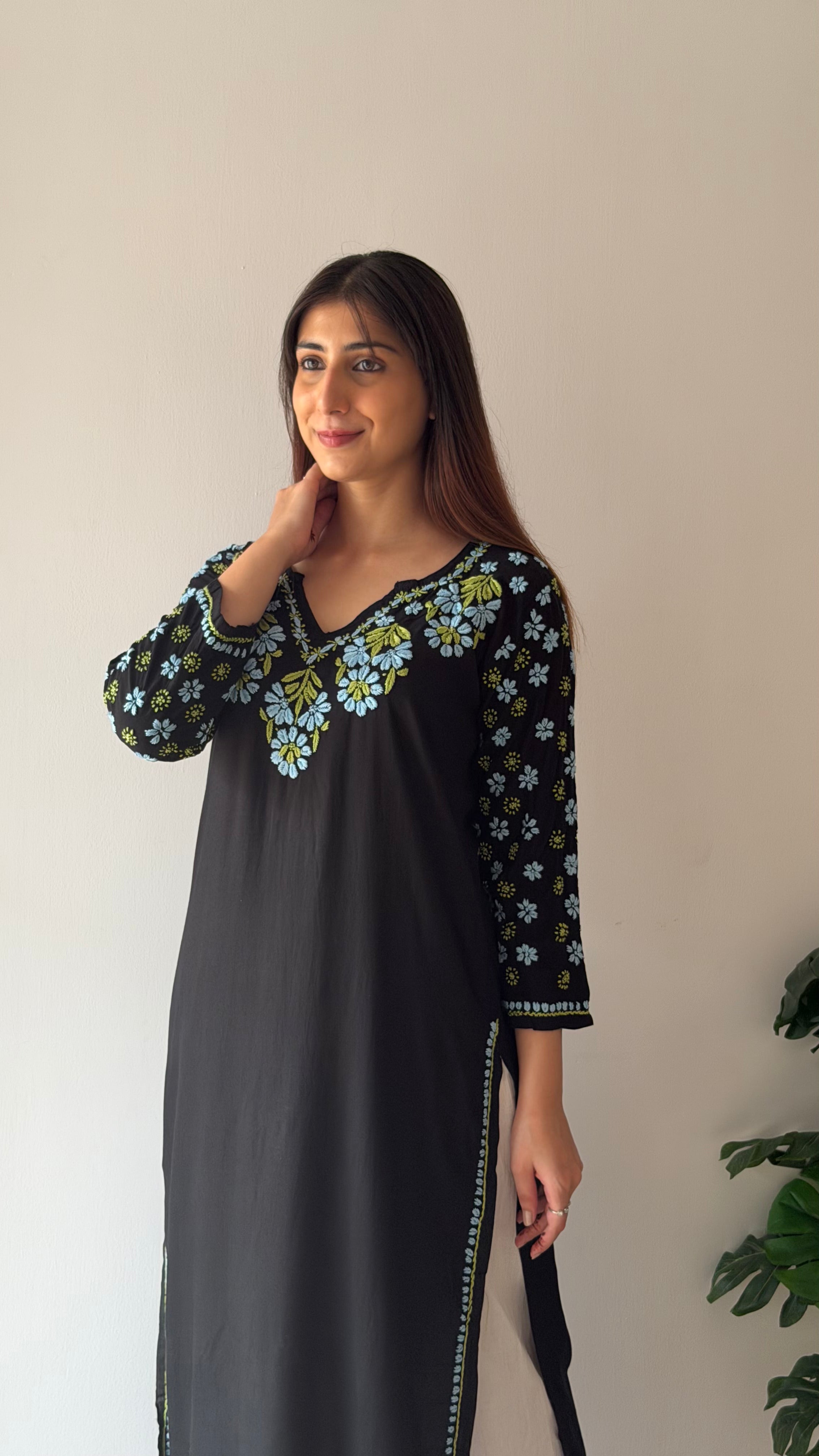 Nazm Rayon Black Chikankari Kurta with Jaal work