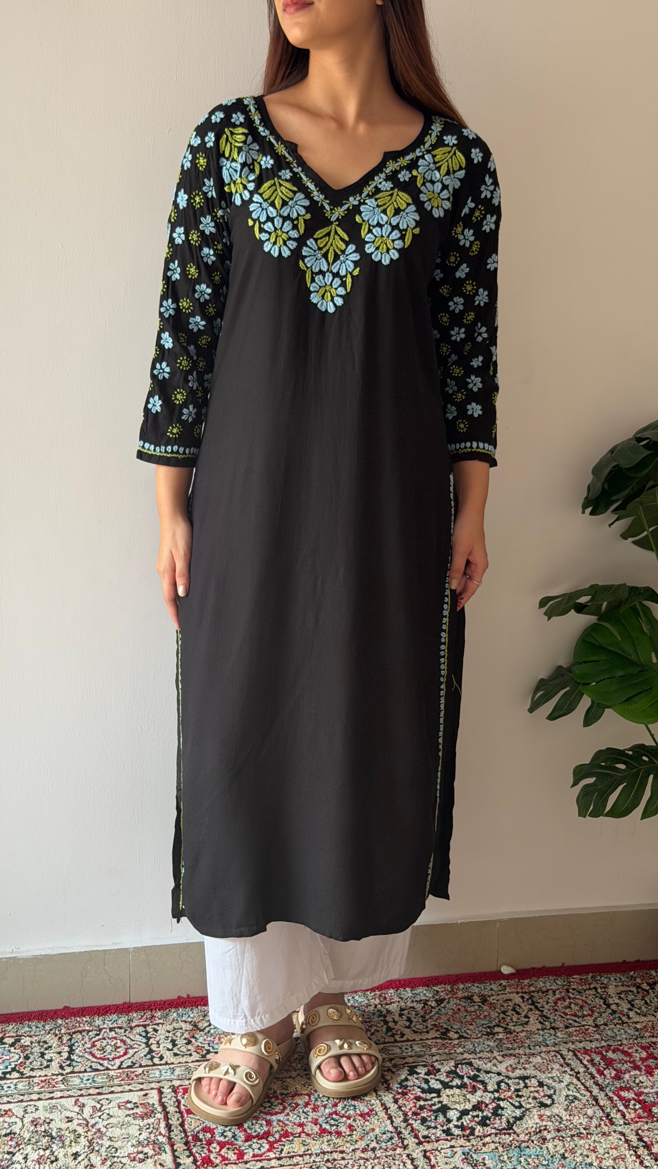Nazm Rayon Black Chikankari Kurta with Jaal work