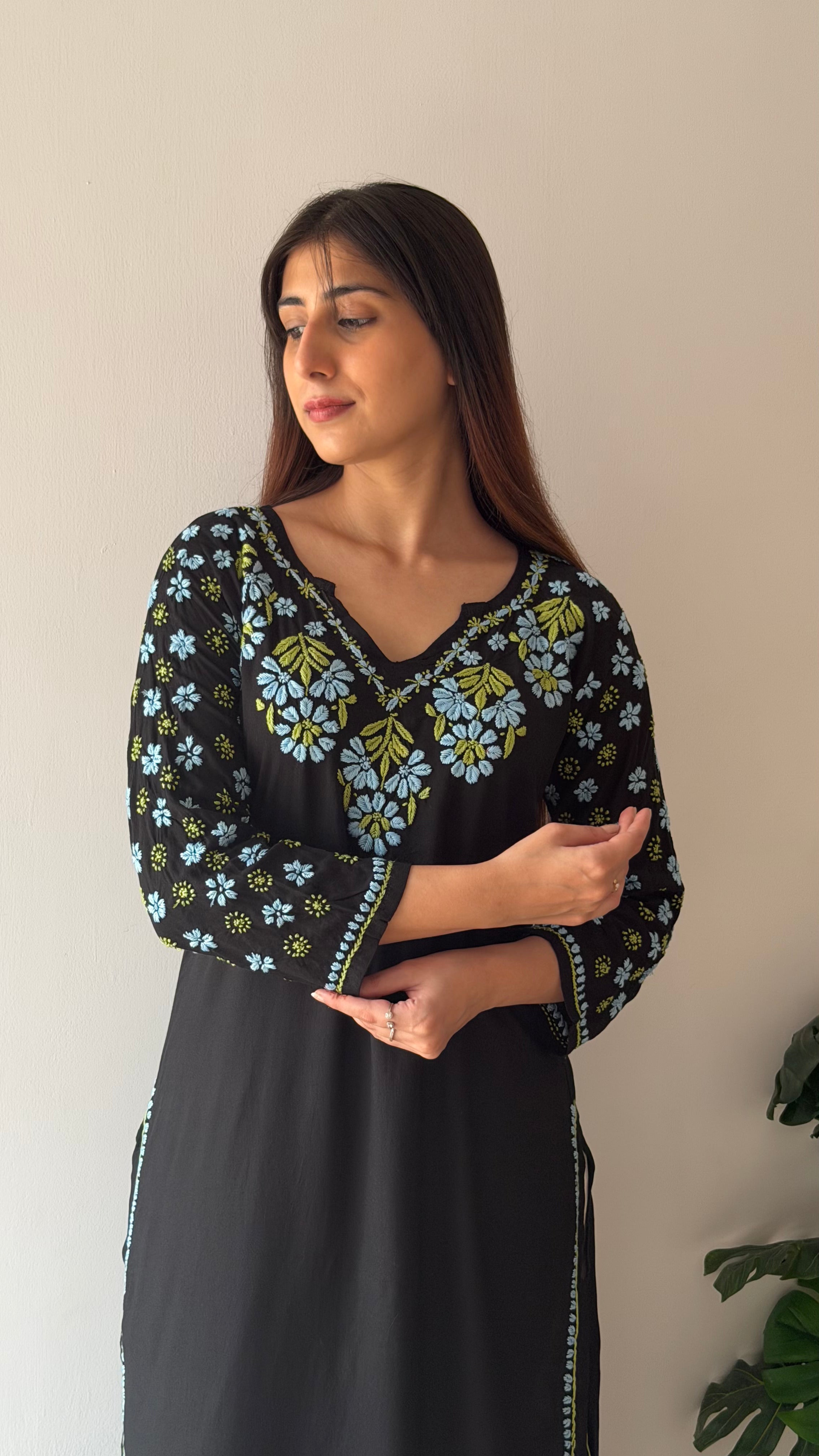 Nazm Rayon Black Chikankari Kurta with Jaal work