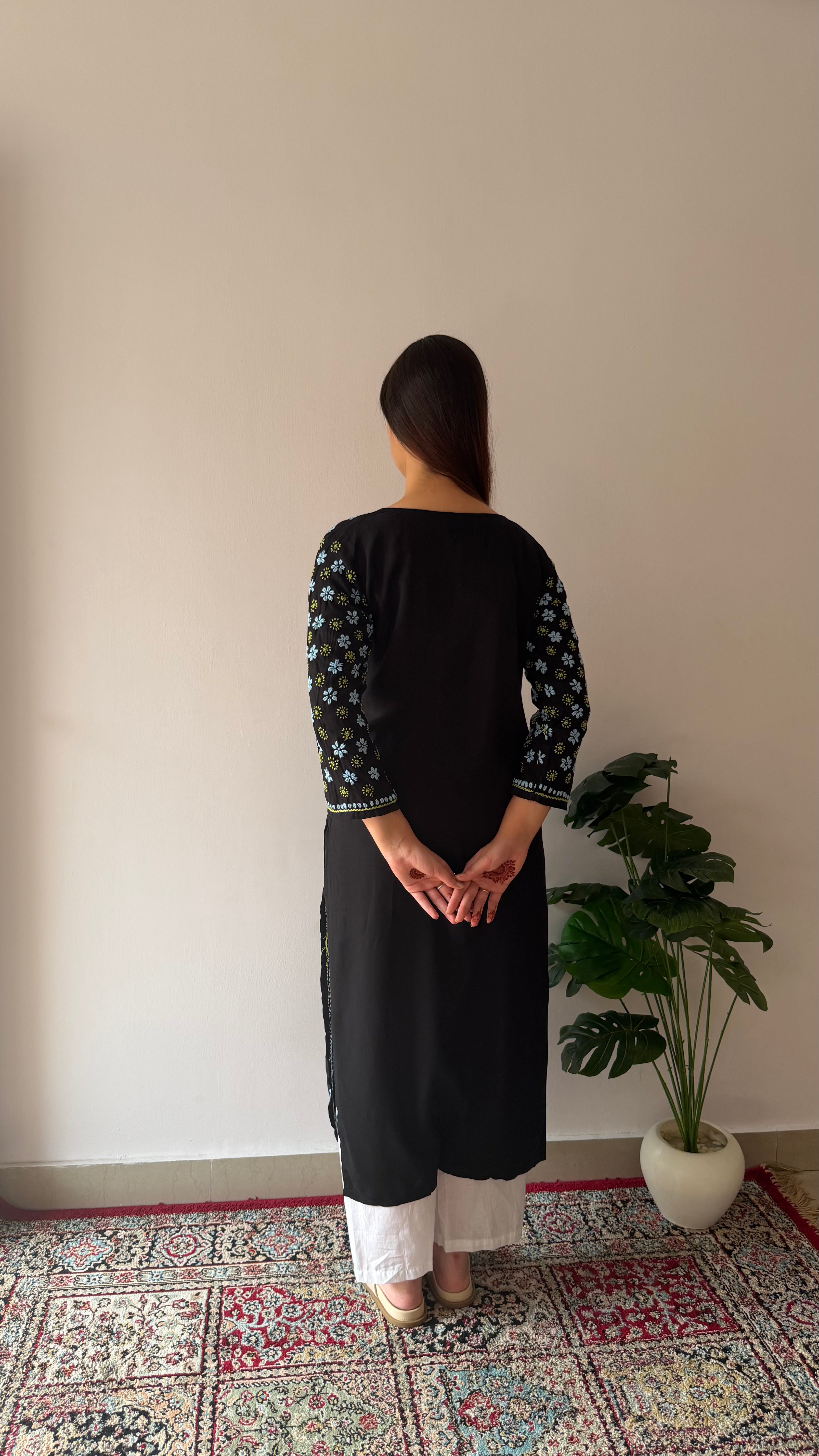 Nazm Rayon Black Chikankari Kurta with Jaal work
