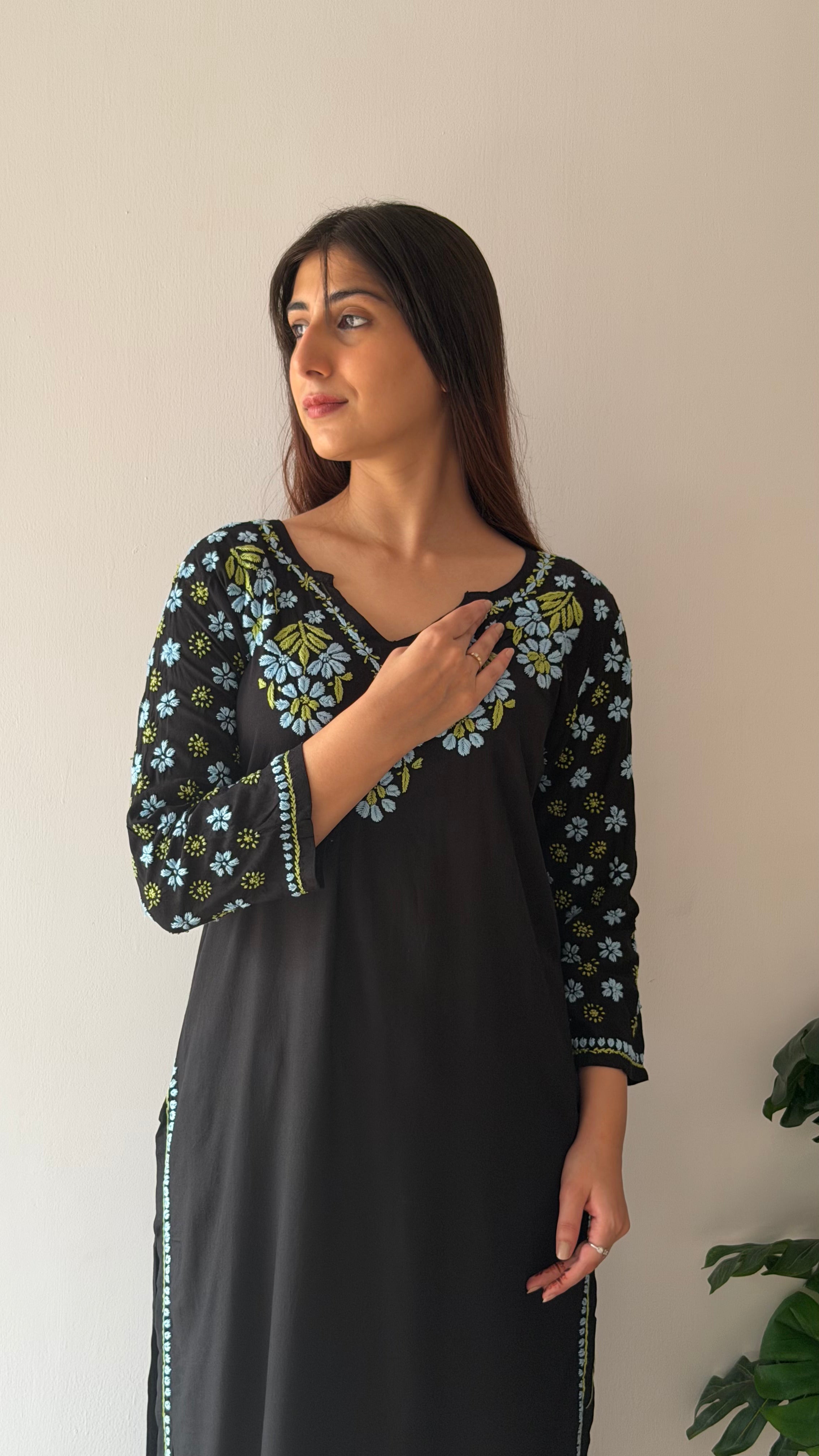Nazm Rayon Black Chikankari Kurta with Jaal work