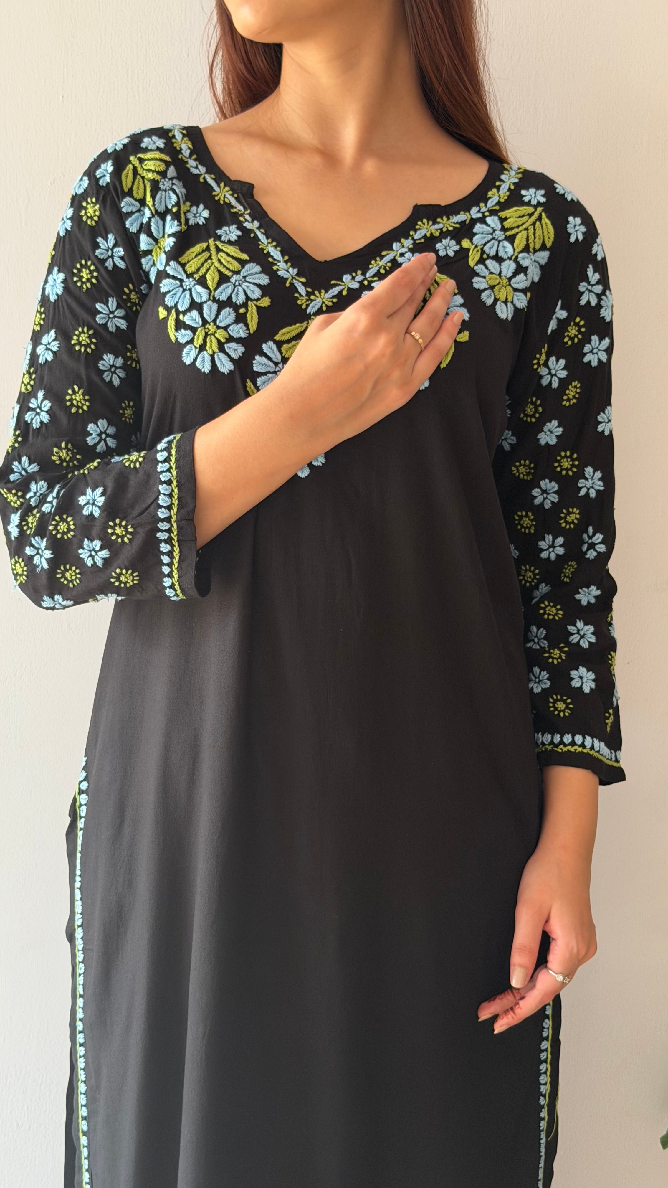 Nazm Rayon Black Chikankari Kurta with Jaal work