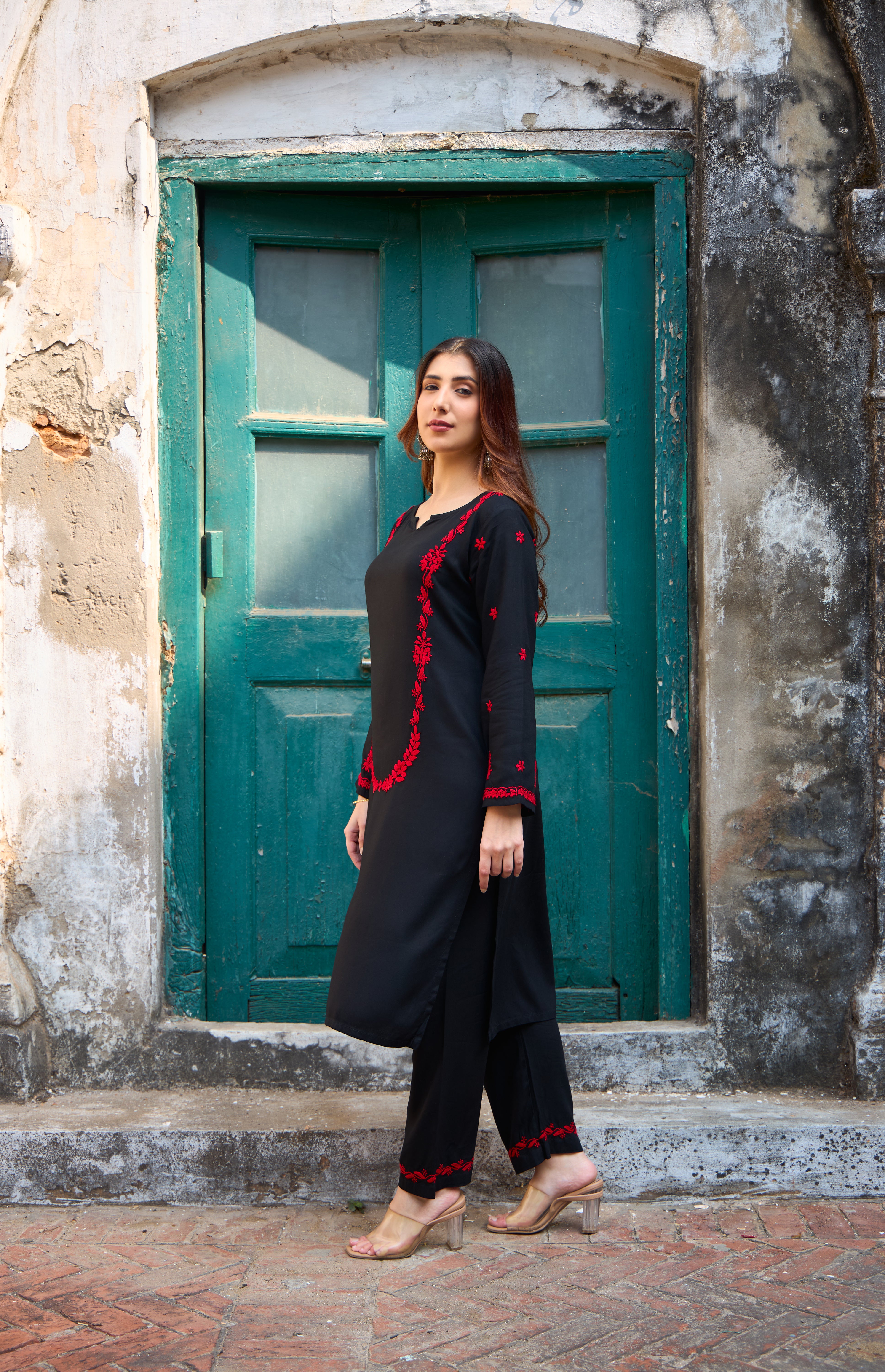 Nazm Rayon Red & Black Chikankari Coord Set