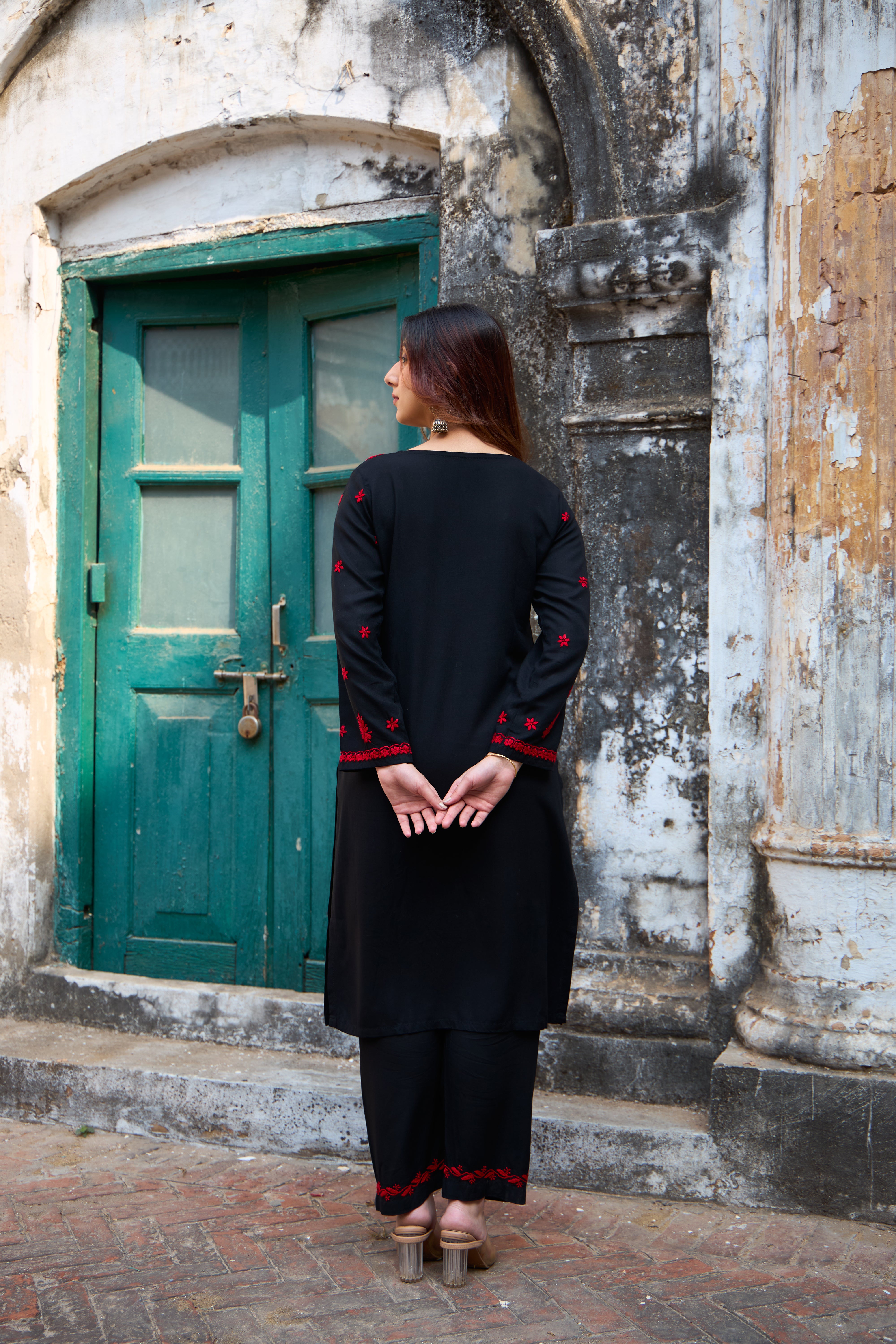 Nazm Rayon Red & Black Chikankari Coord Set