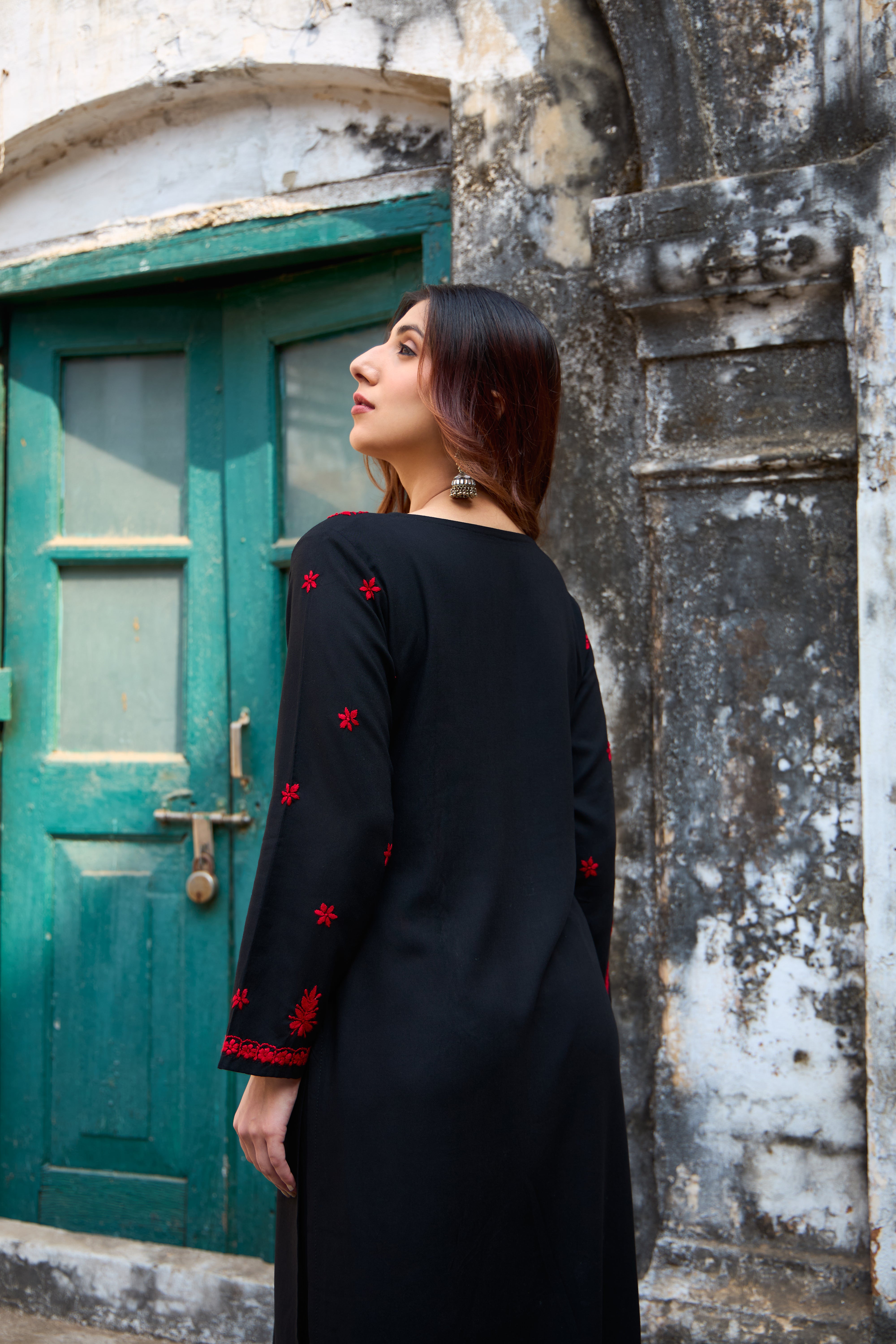 Nazm Rayon Red & Black Chikankari Coord Set