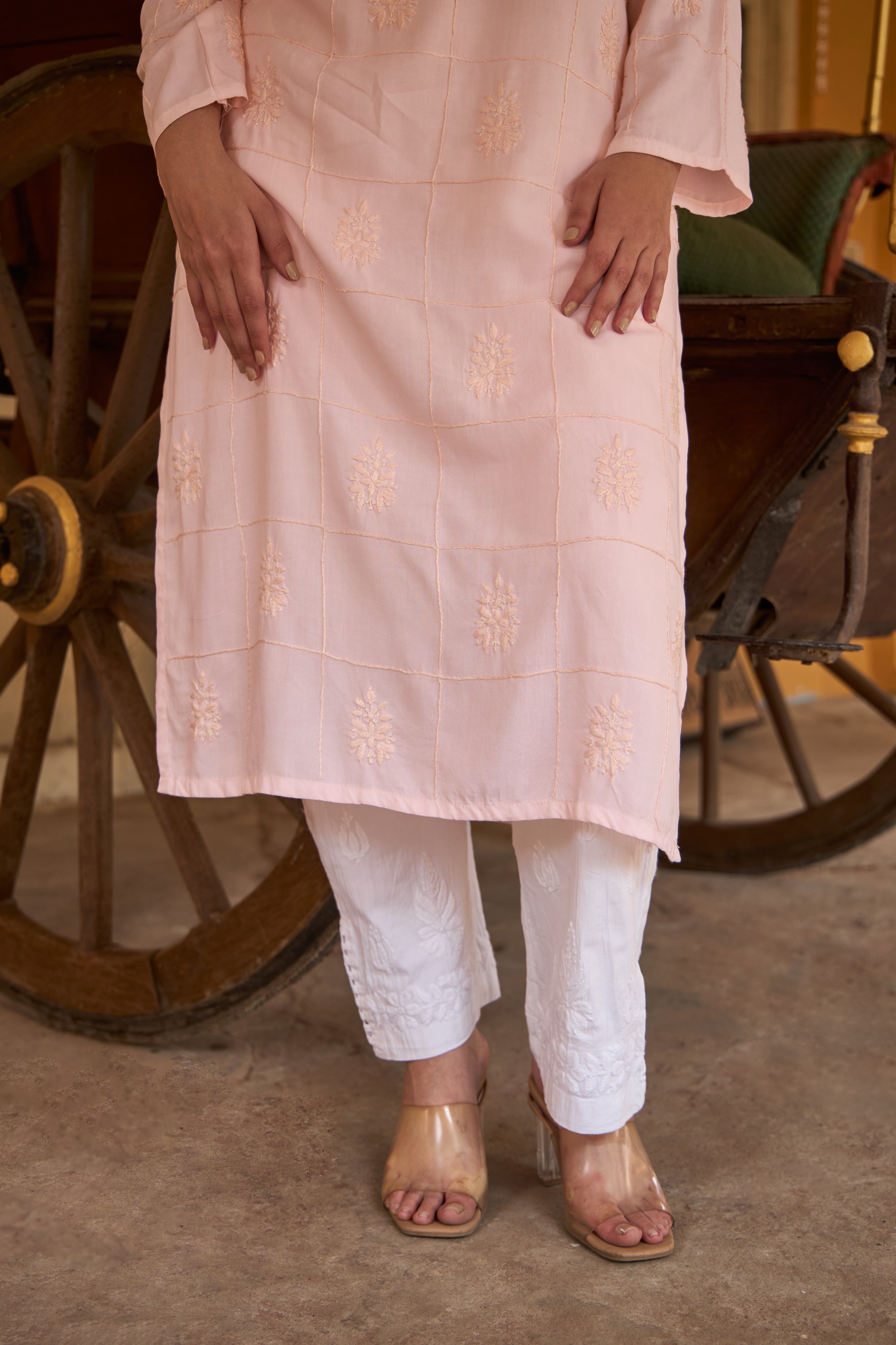 Nazm Rayon Champagne Pink Chikankari Kurta