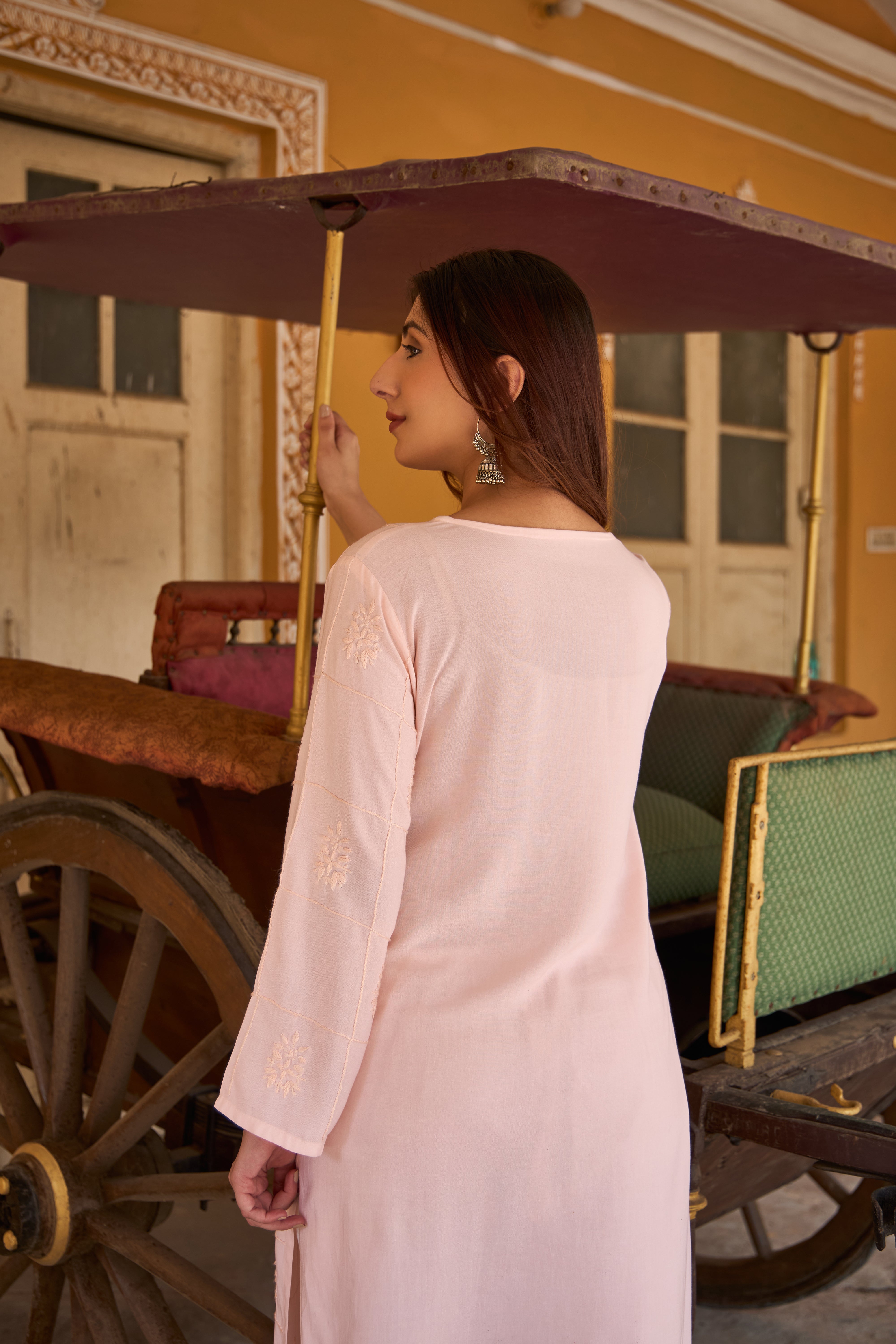 Nazm Rayon Champagne Pink Chikankari Kurta