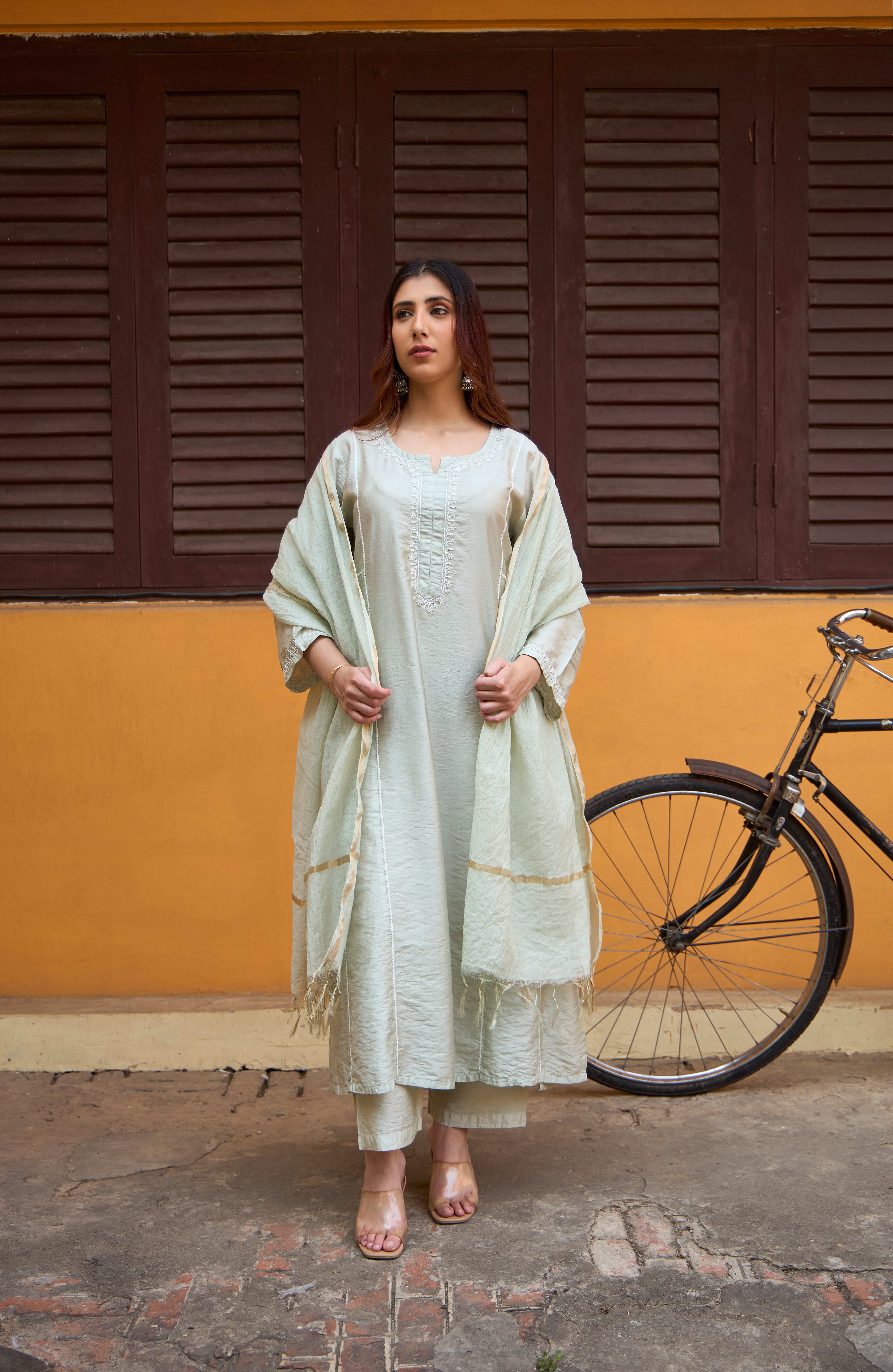 Nazm Chanderi Pistachio Green Chikankari Kurta
