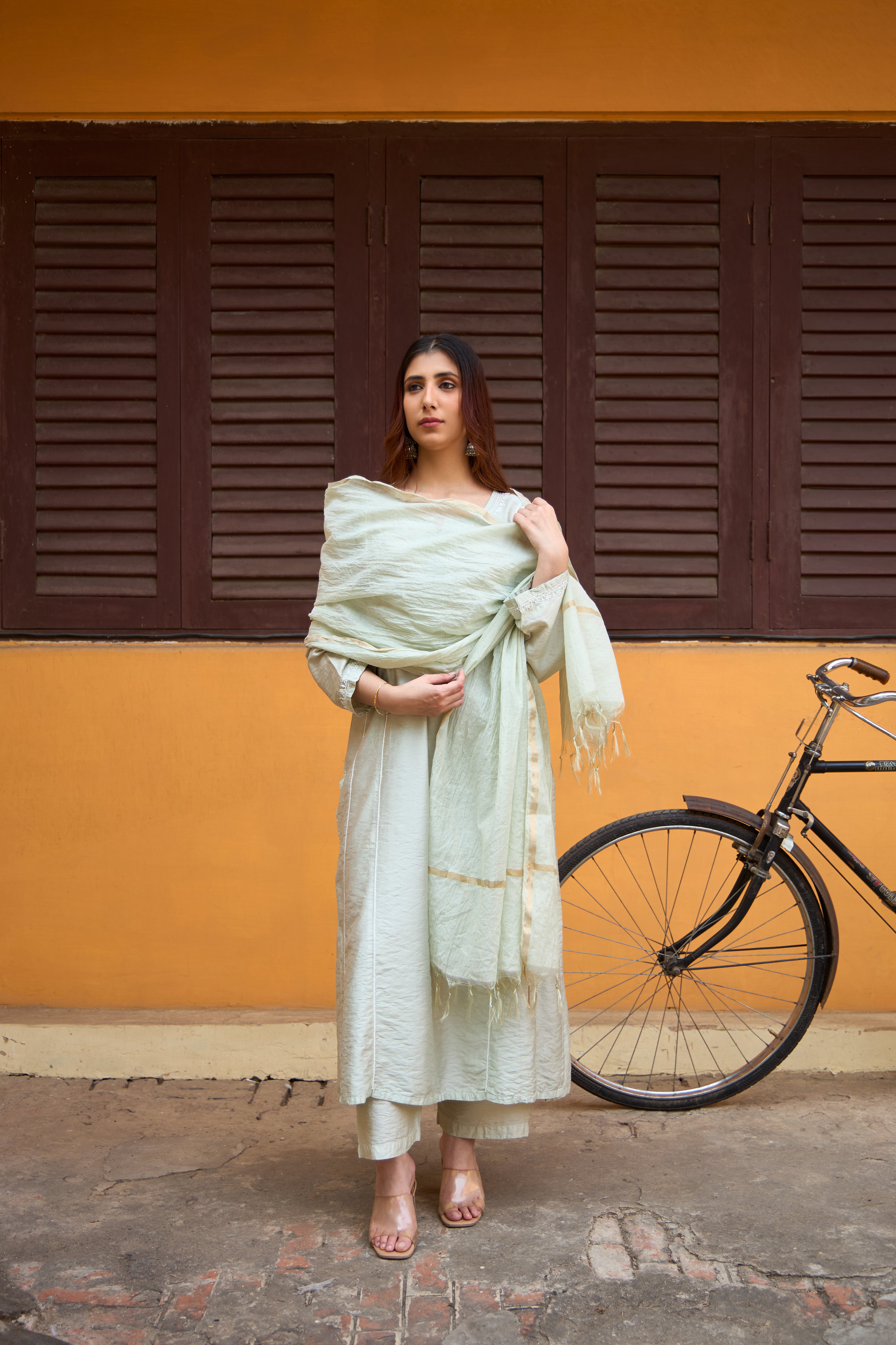 Nazm Chanderi Pistachio Green Chikankari Kurta