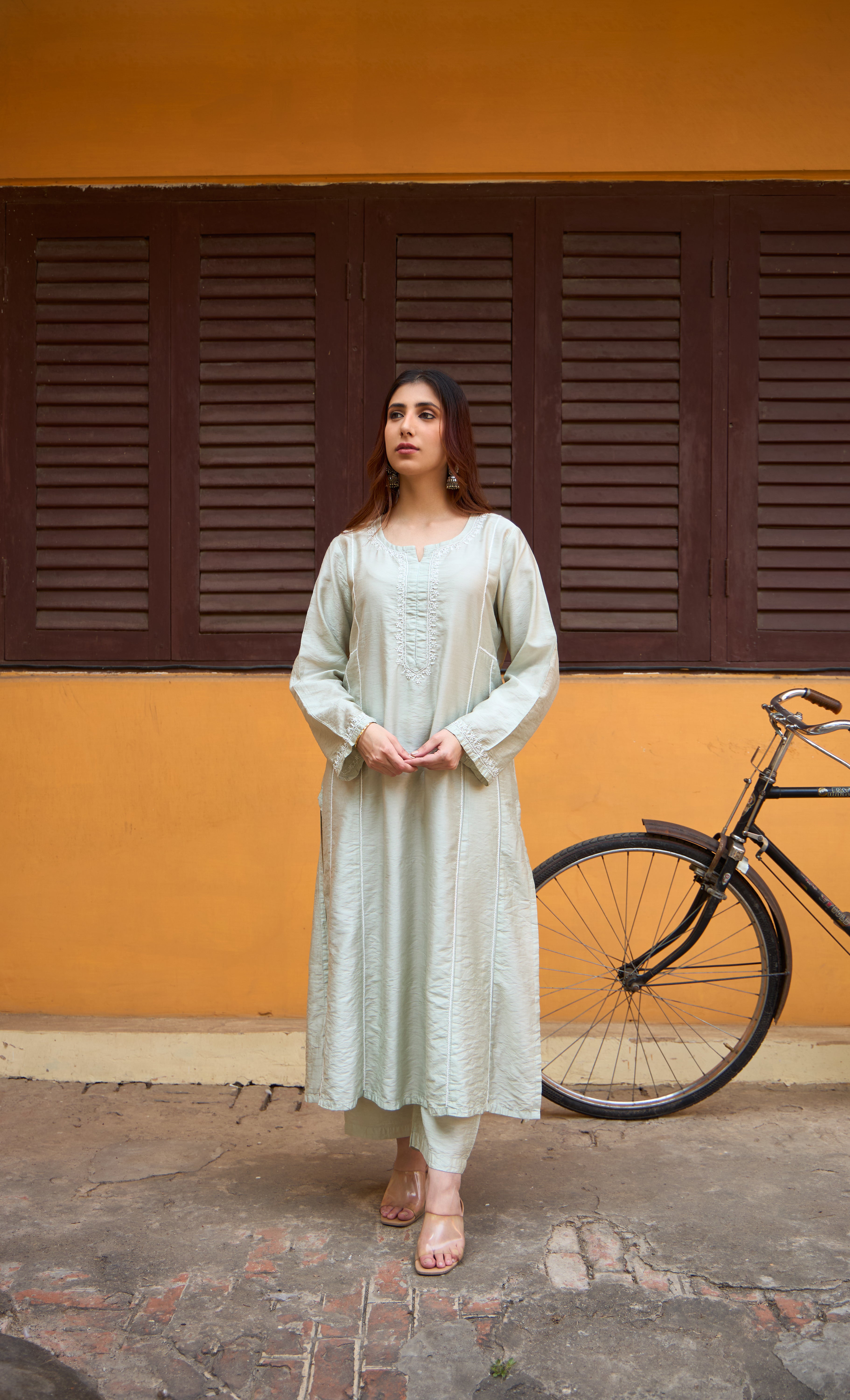 Nazm Chanderi Pistachio Green Chikankari Kurta