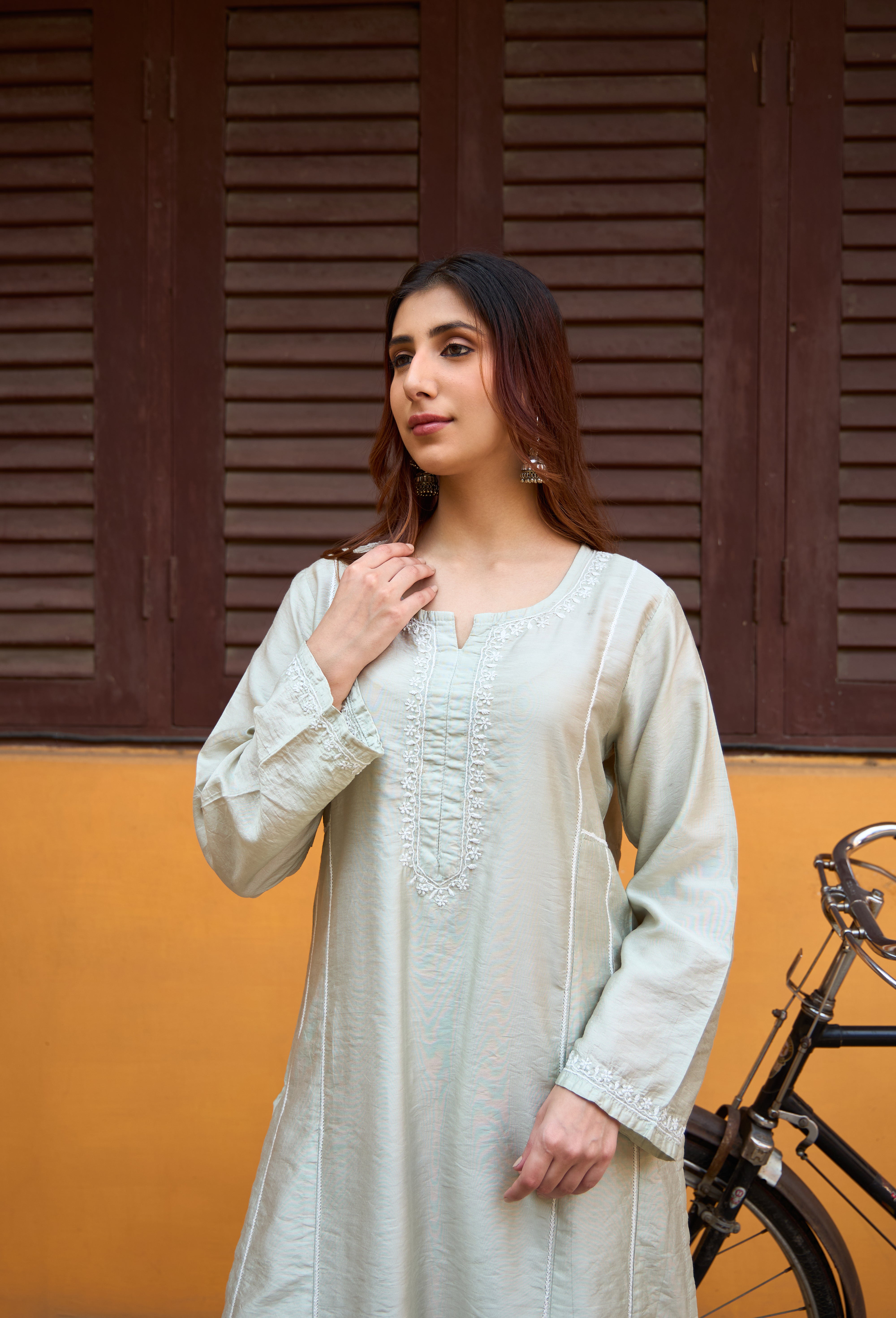 Nazm Chanderi Pistachio Green Chikankari Kurta